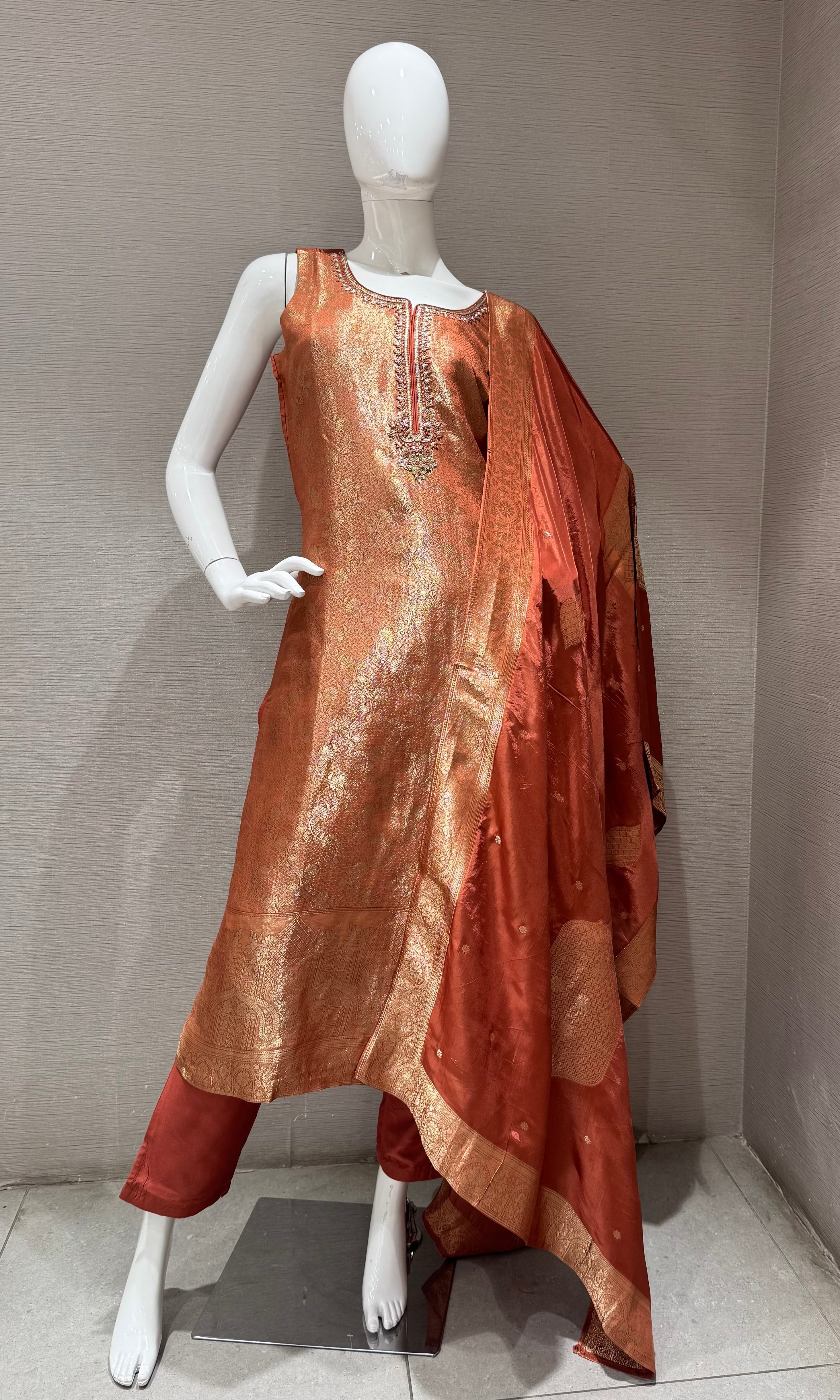 Light Rust Embroidered Kurta Set with Gold Border Dupatta