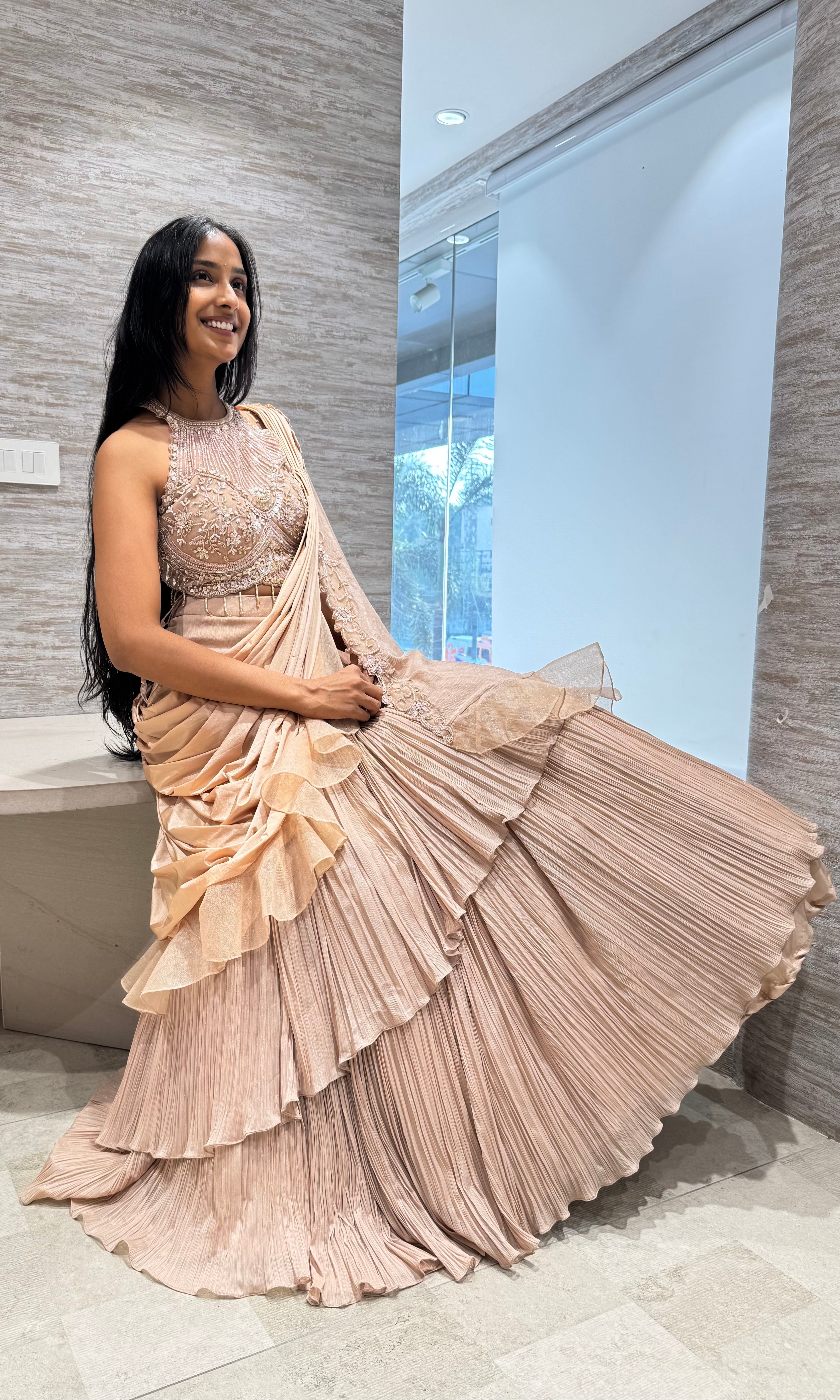 GOLD RUFFLE LEHENGA WITH HALTER NECK BLOUSE