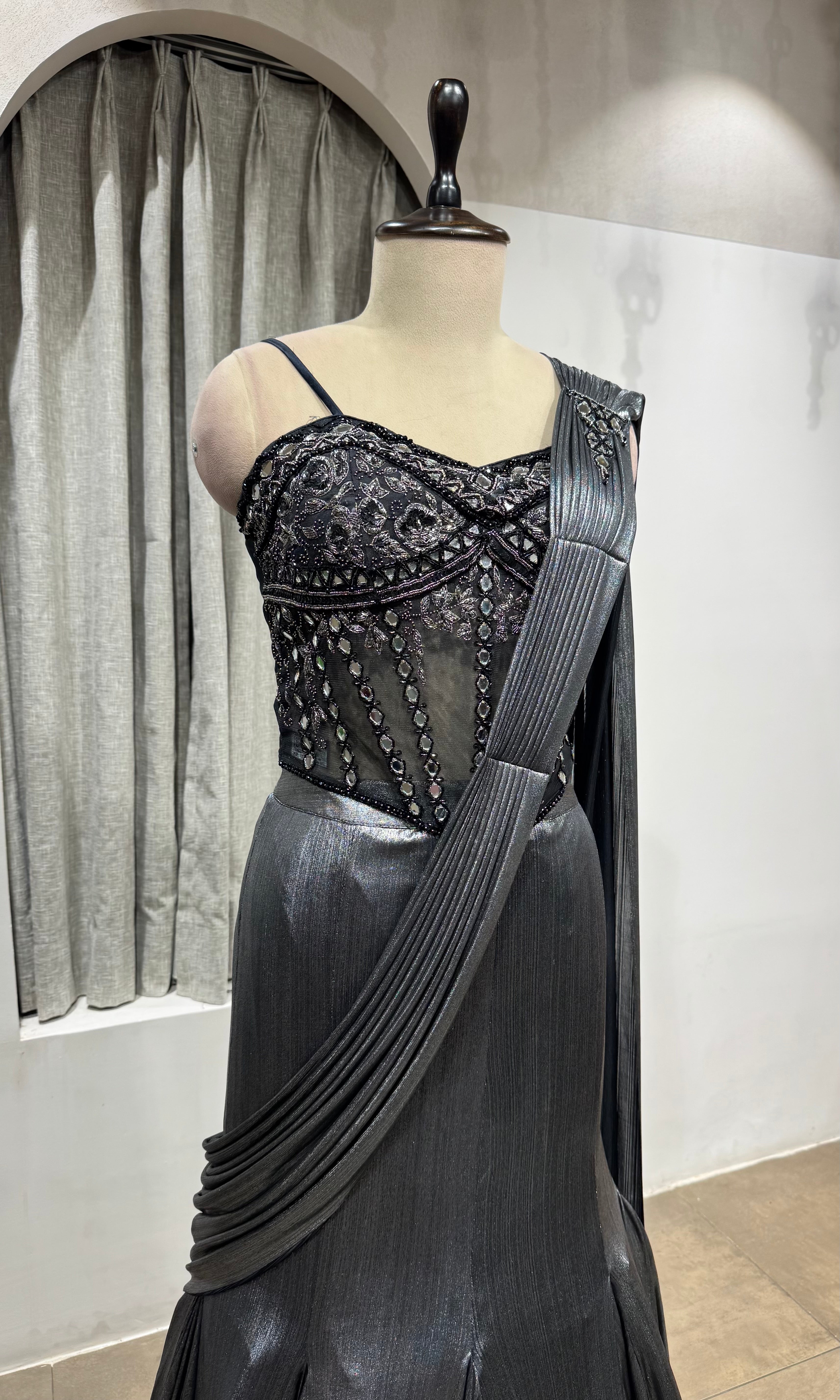 BLACK Gunmetal Shimmer Mermaid Lehenga