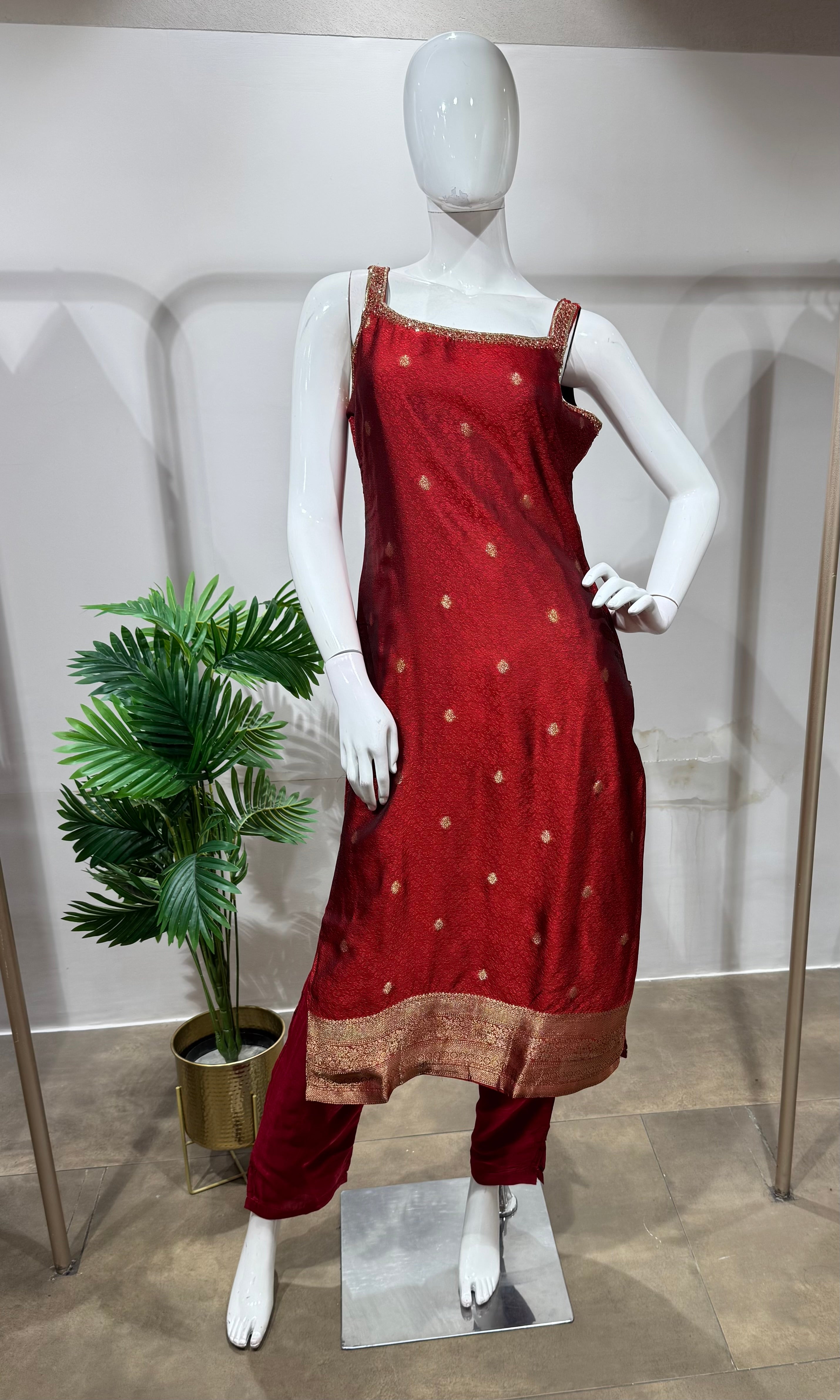 Red golden Banarasi kurta set