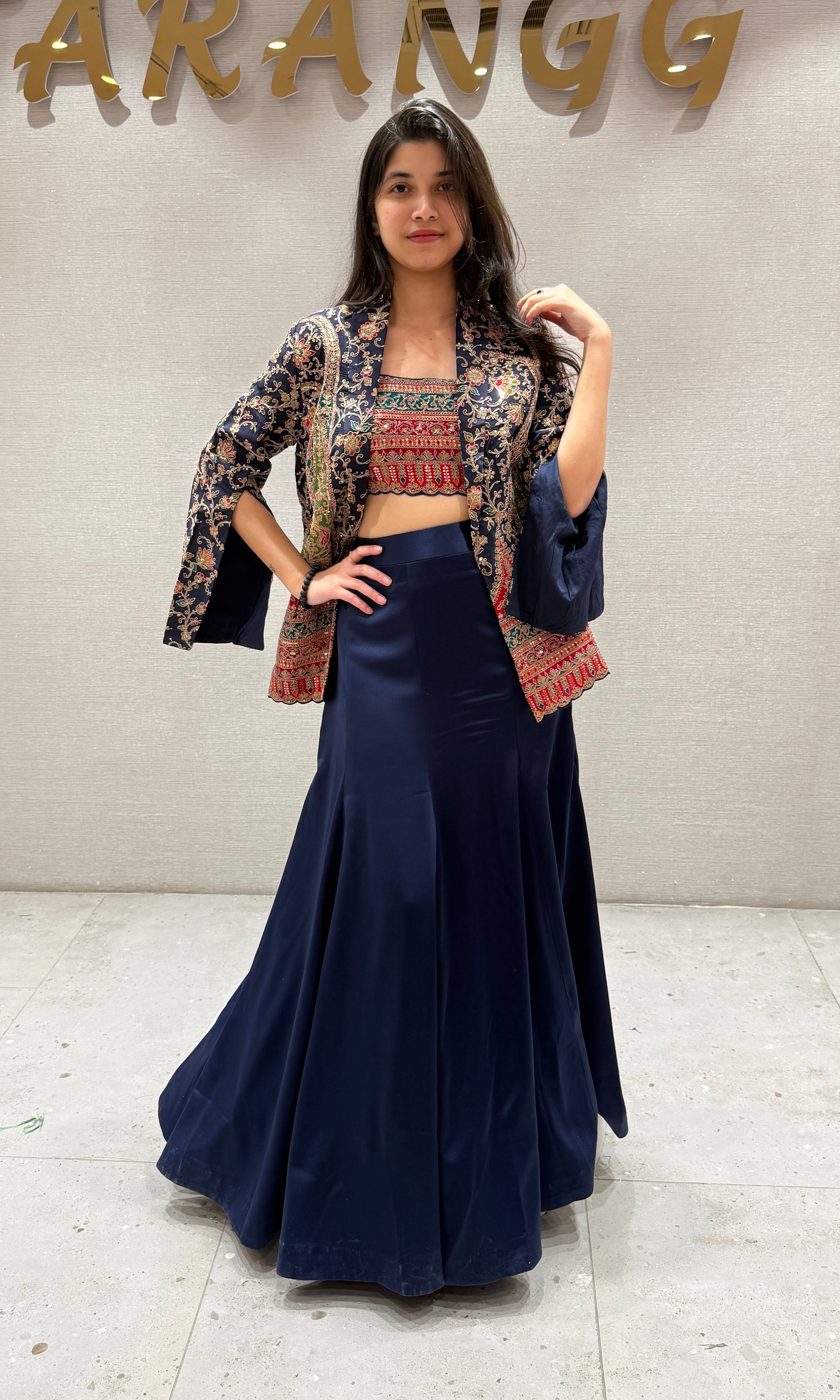 Navy Blue Skirt Set with Embroidered Jacket