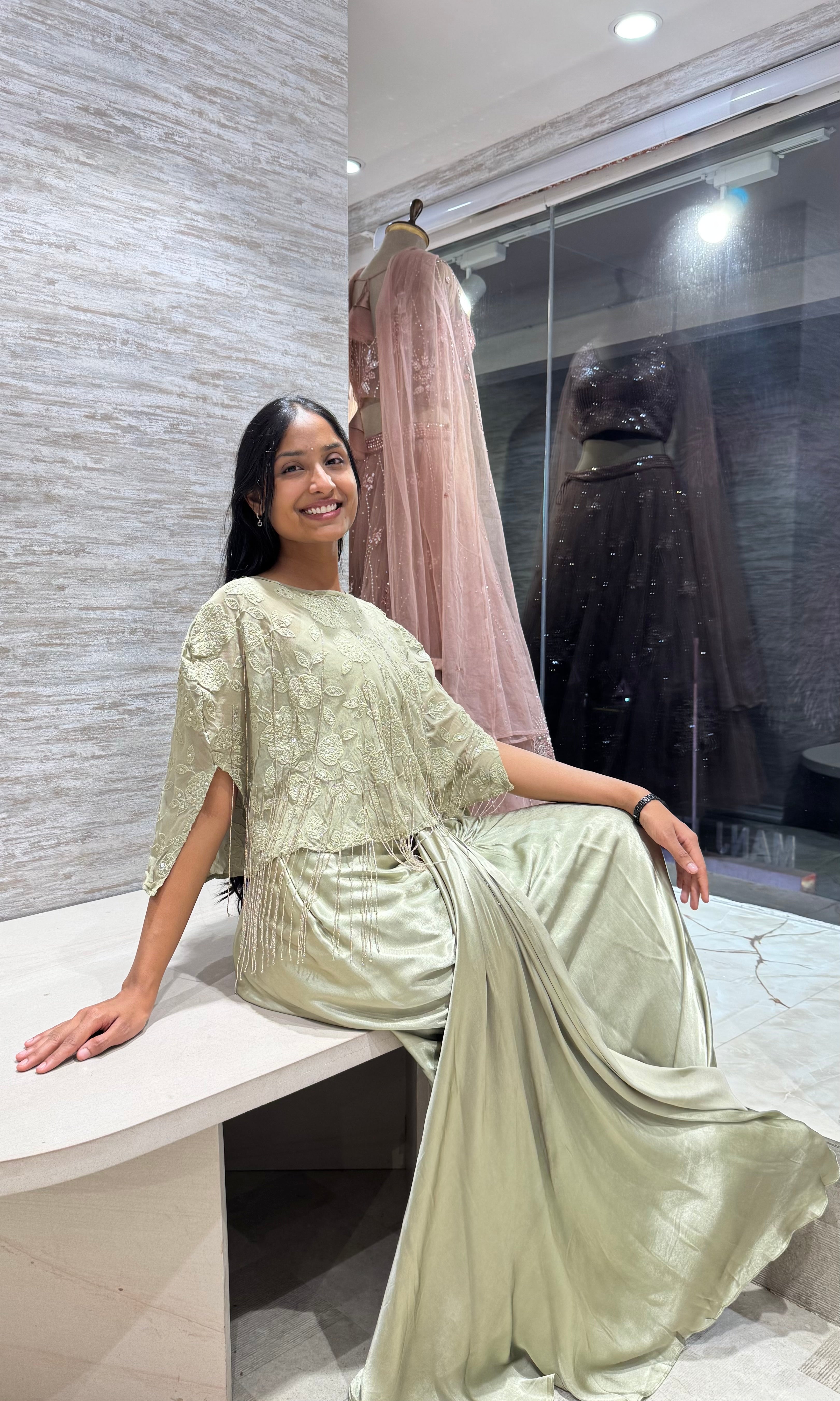 green Drape Gown With Floral Embroidered Cape