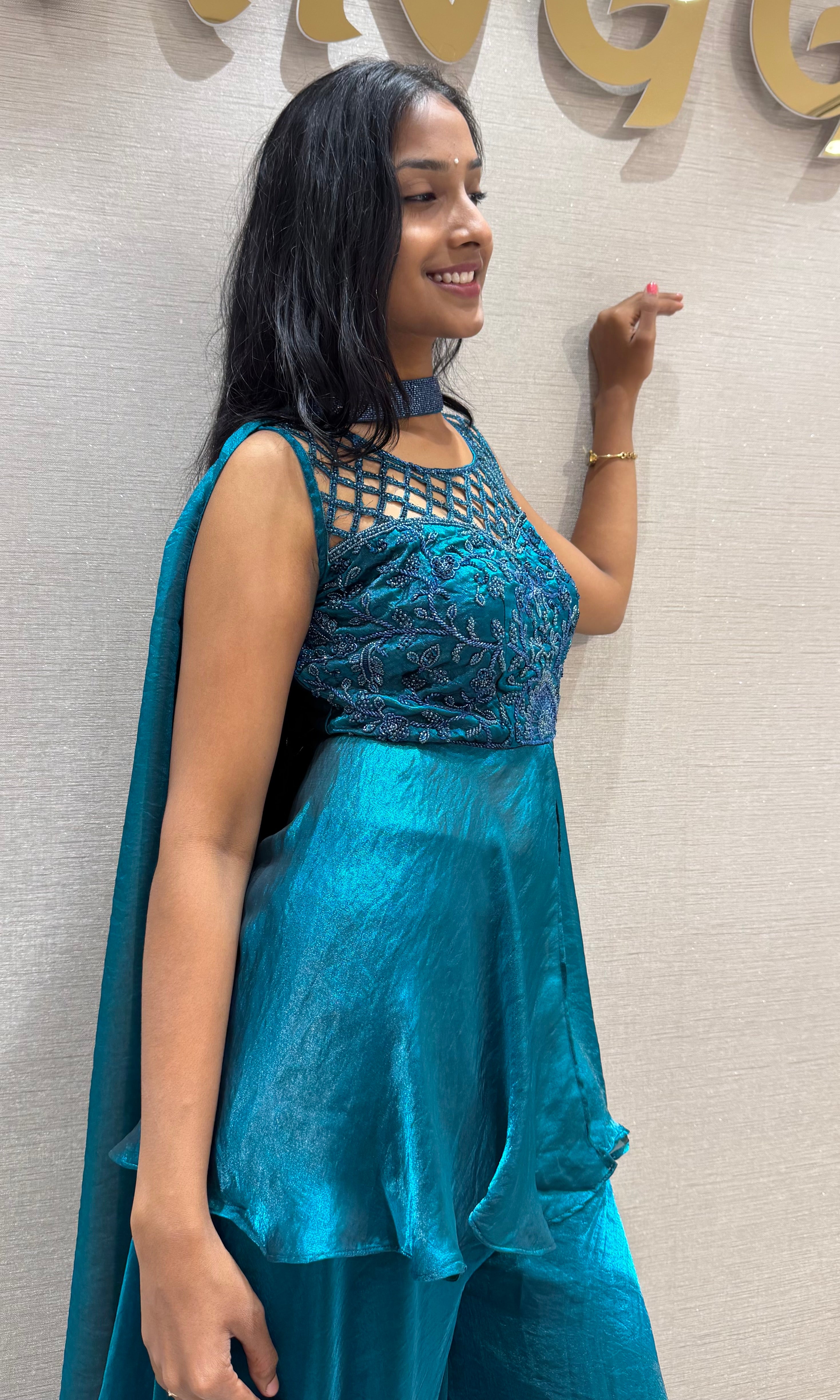 Rama Blue Georgette Peplum Palazzo Set