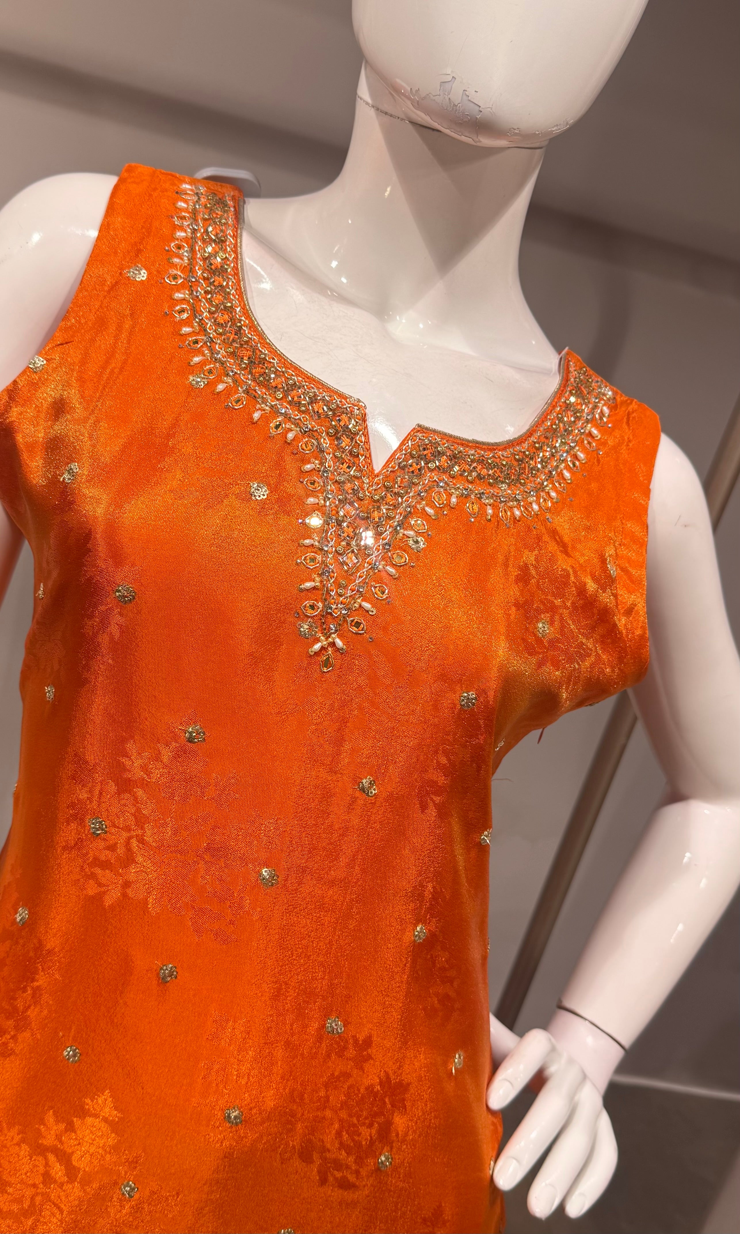 orange intricate gold embroidery Kurta set