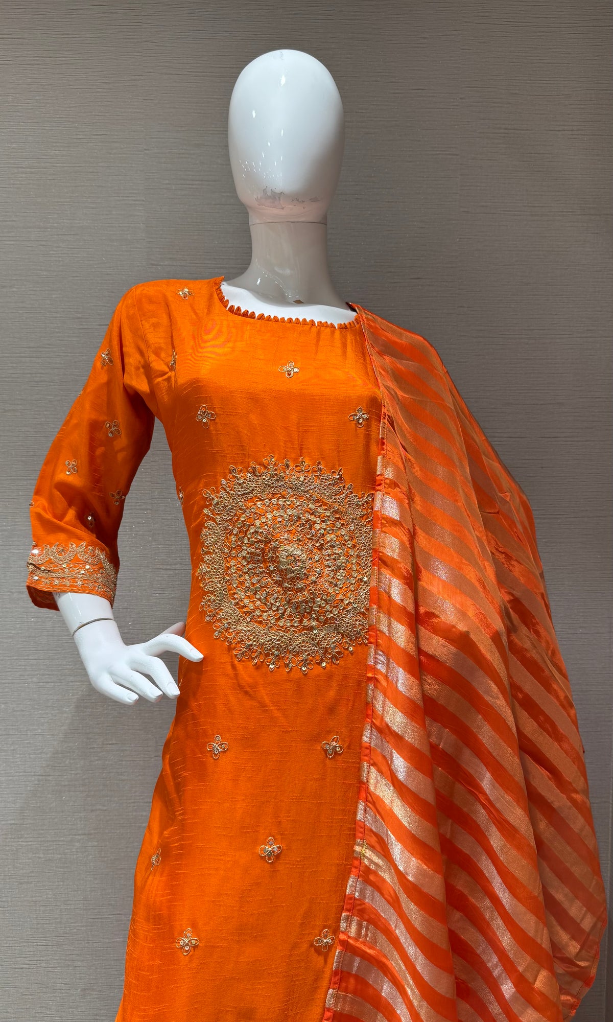 orange Elegance silk Kurta Set with Striped Dupatta