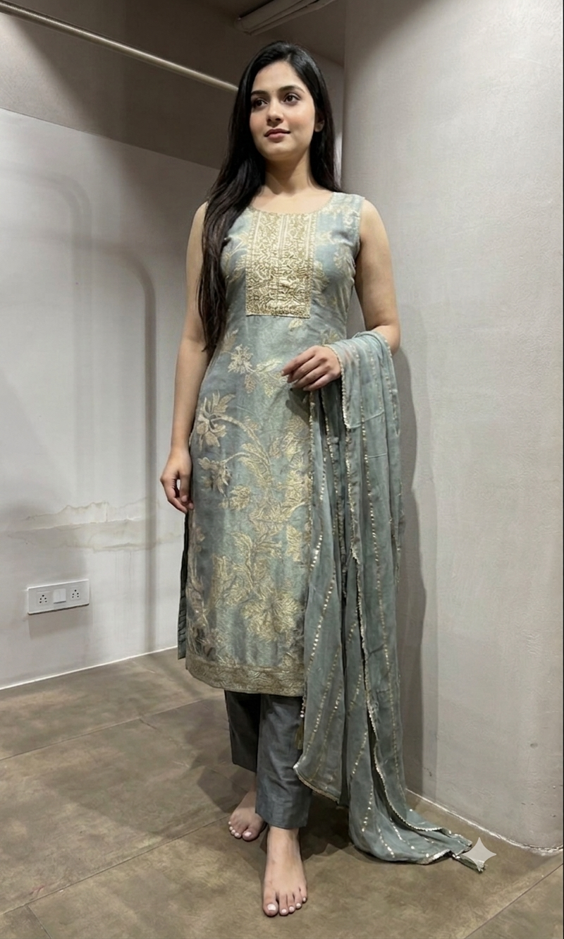 Grey Embroidered Kurta Set with Shimmer Dupatta