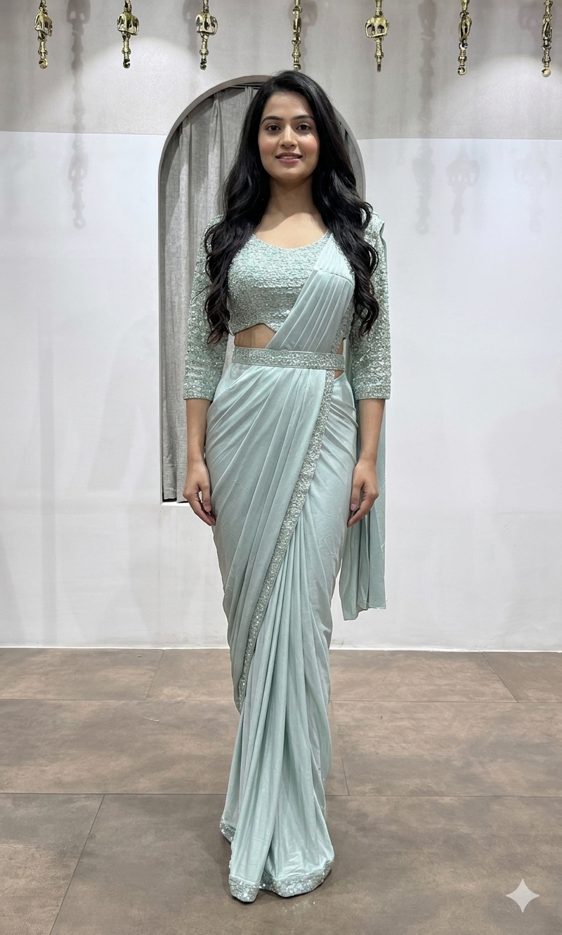 Pista Green DRAPE SAREE WITH ETHNIC BLOUSE & BELT