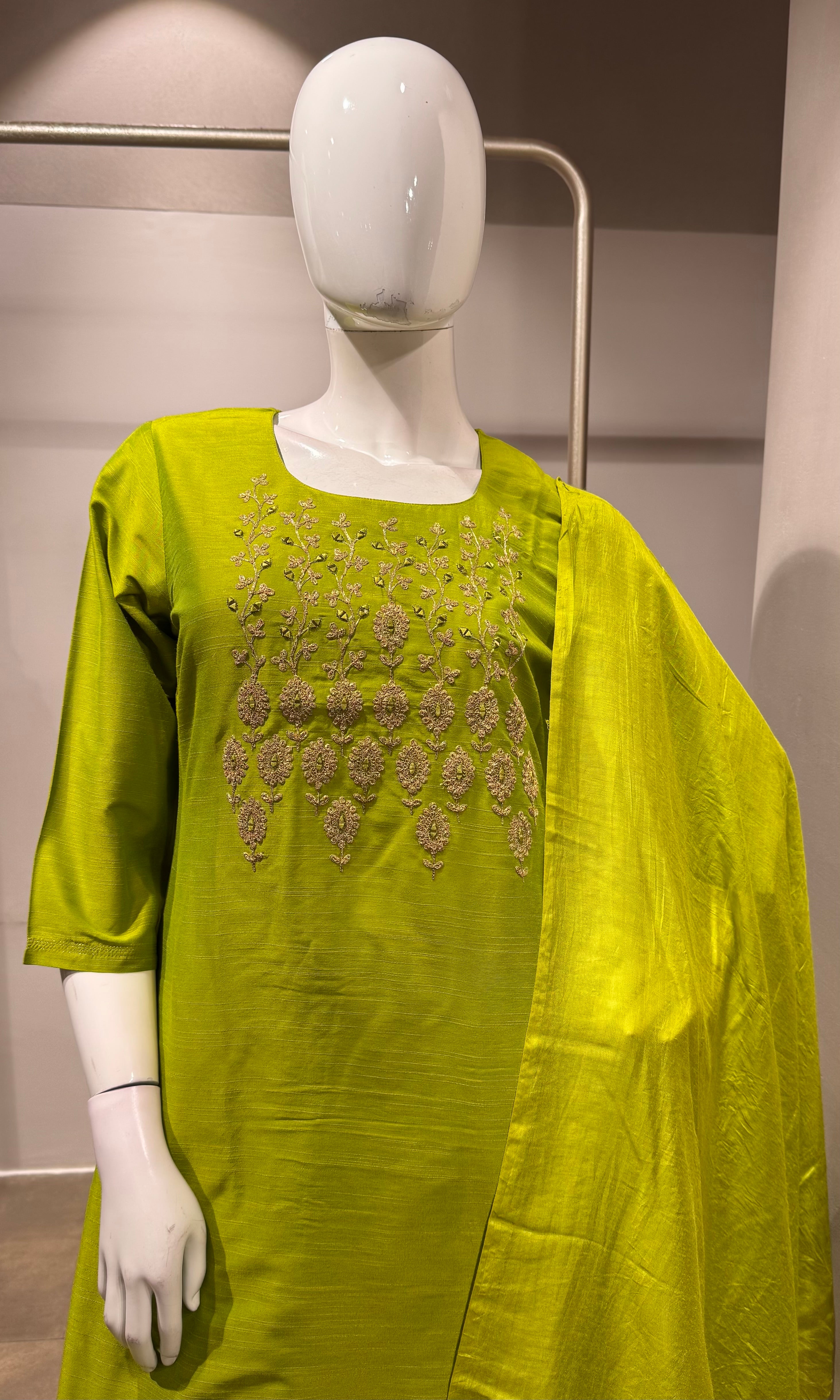 Lime Green Embroidered Silk Kurta set