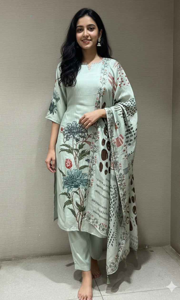 Green FLORAL PRINT EMBROIDERED KURTA SET