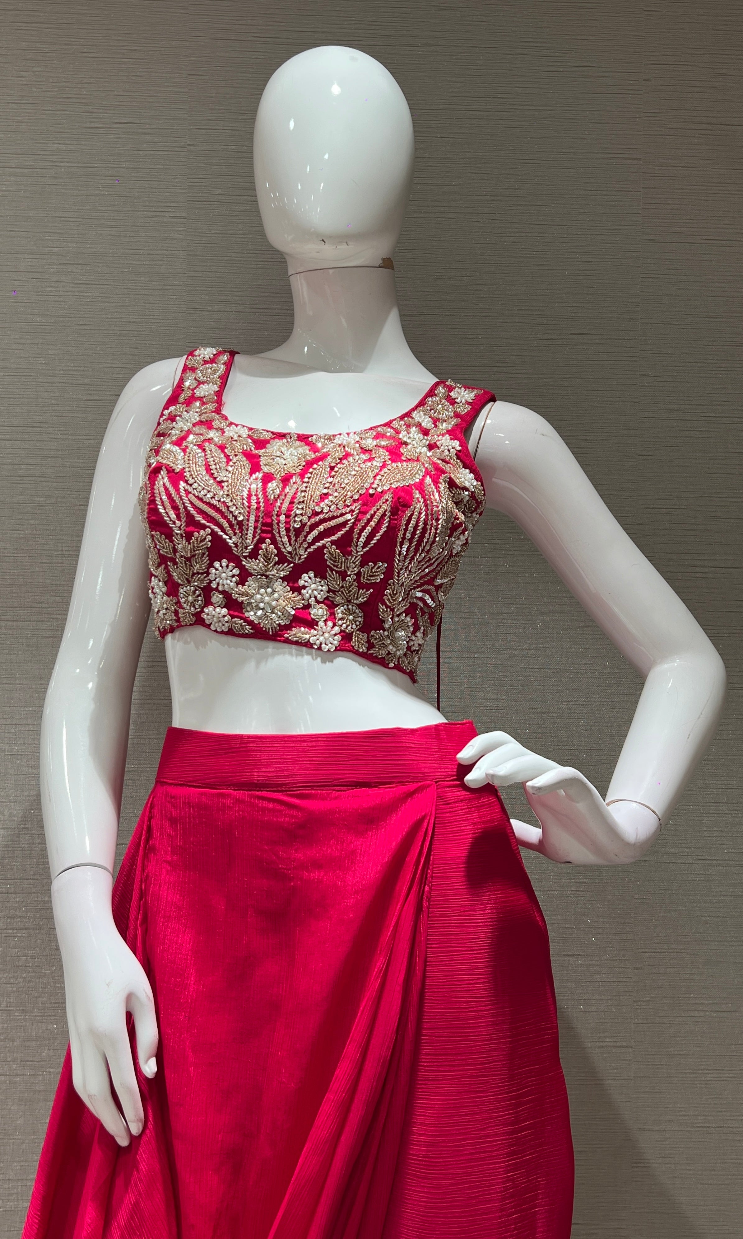 PINK EMBROIDERED BLOUSE with draped skirt & cape