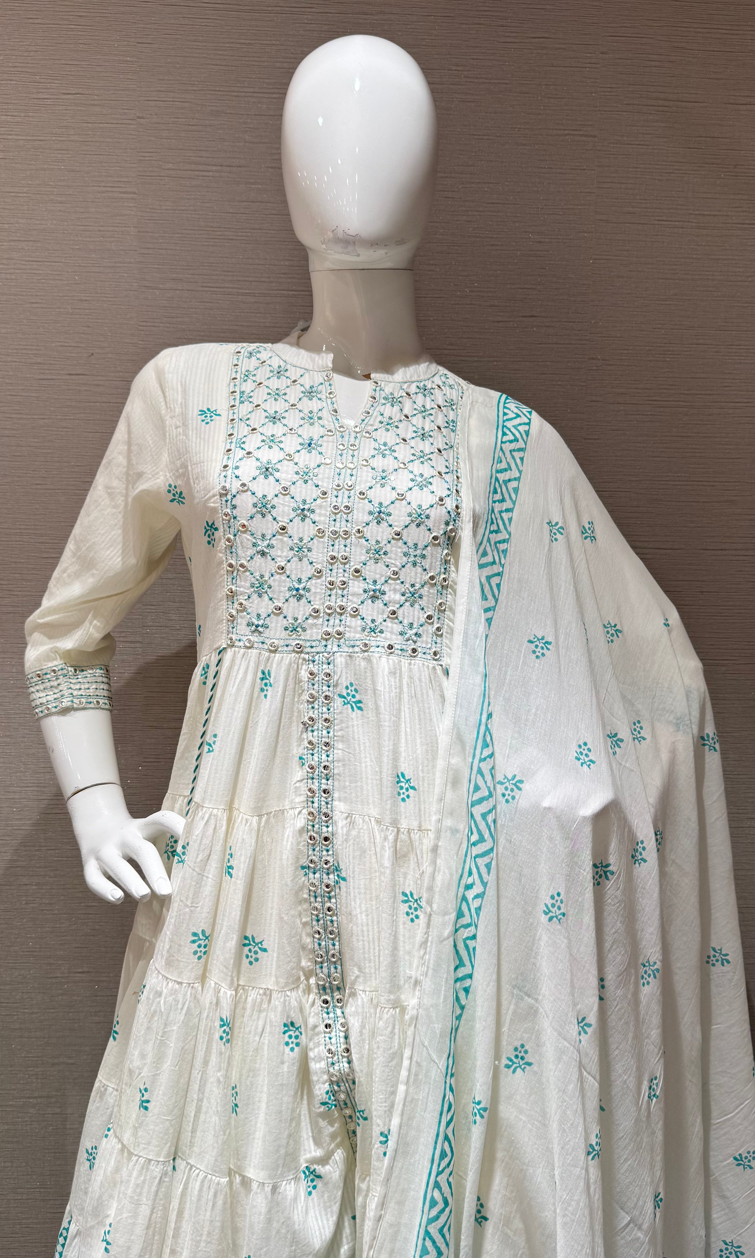 Sea Blue printed anarkali kurta set with dupatta