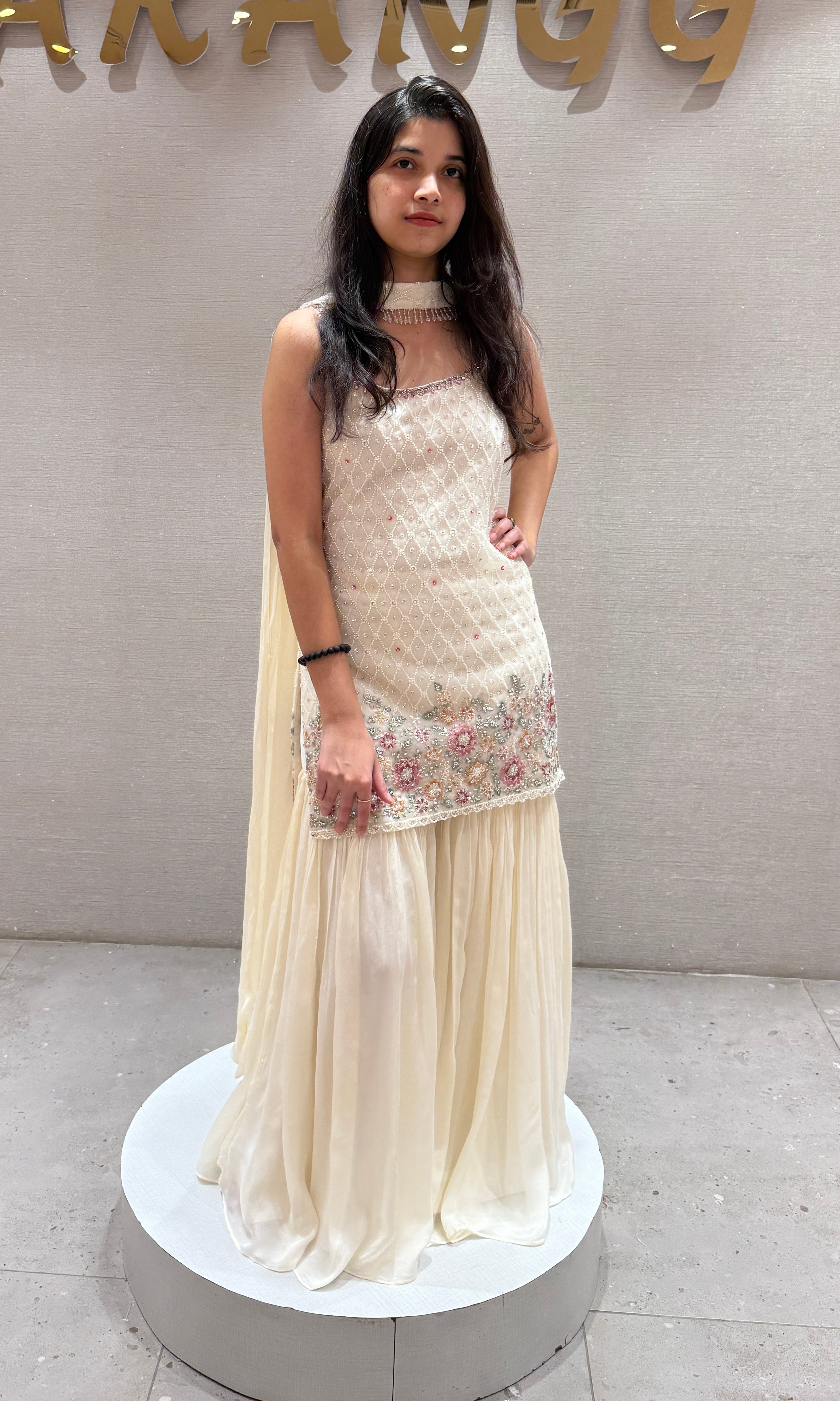 Cream Floral Embroidered Sharara Set