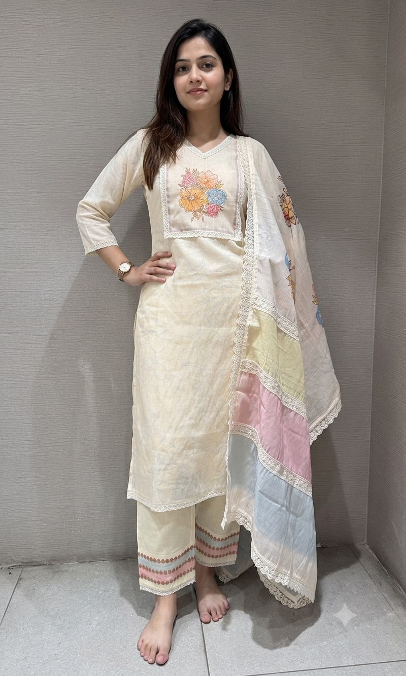 Peach Straight Kurta Set with Multicolor Pastel Panel dupatta