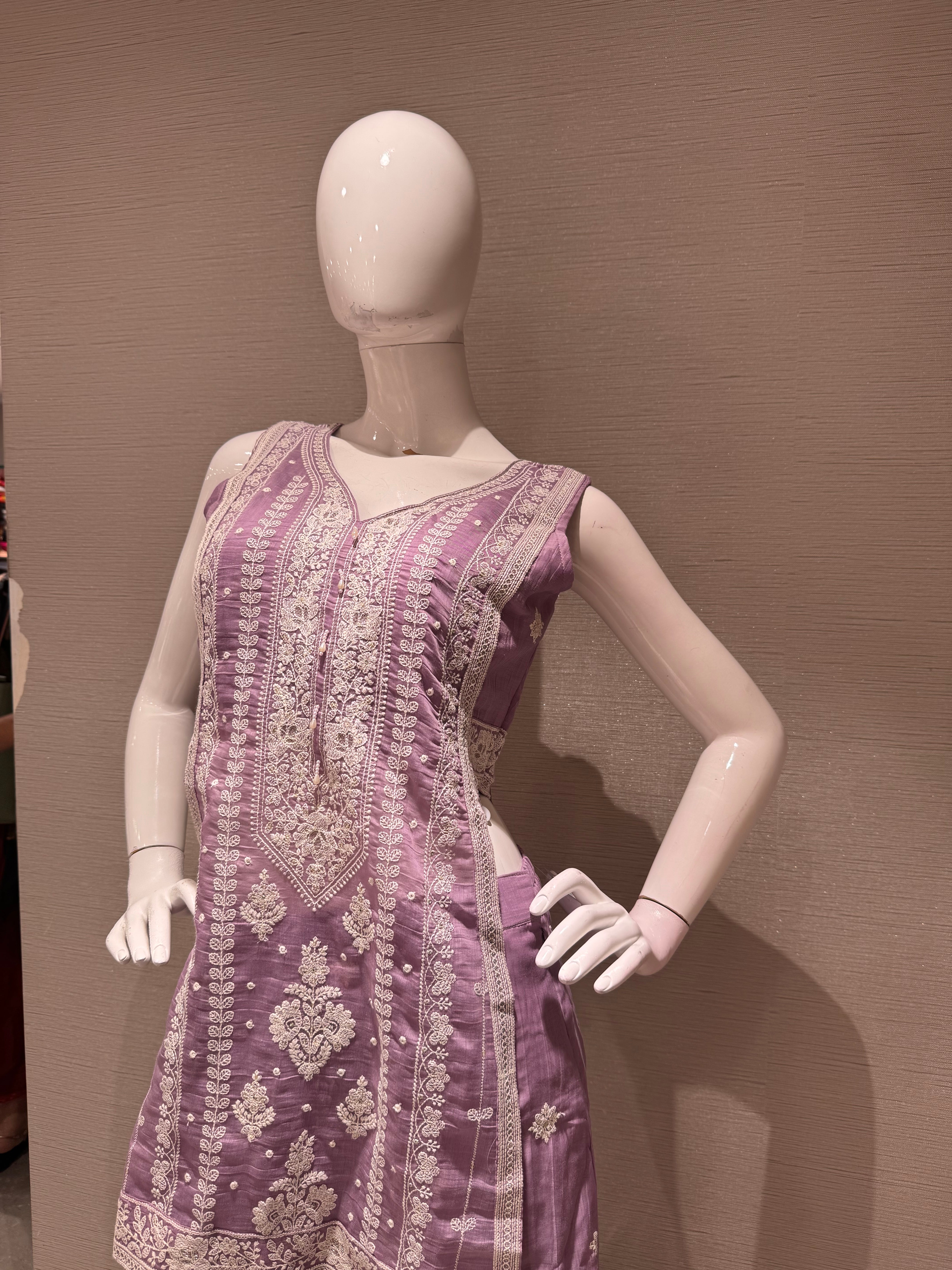 lavander Embroidered Shimmer Silk Palazzo Set