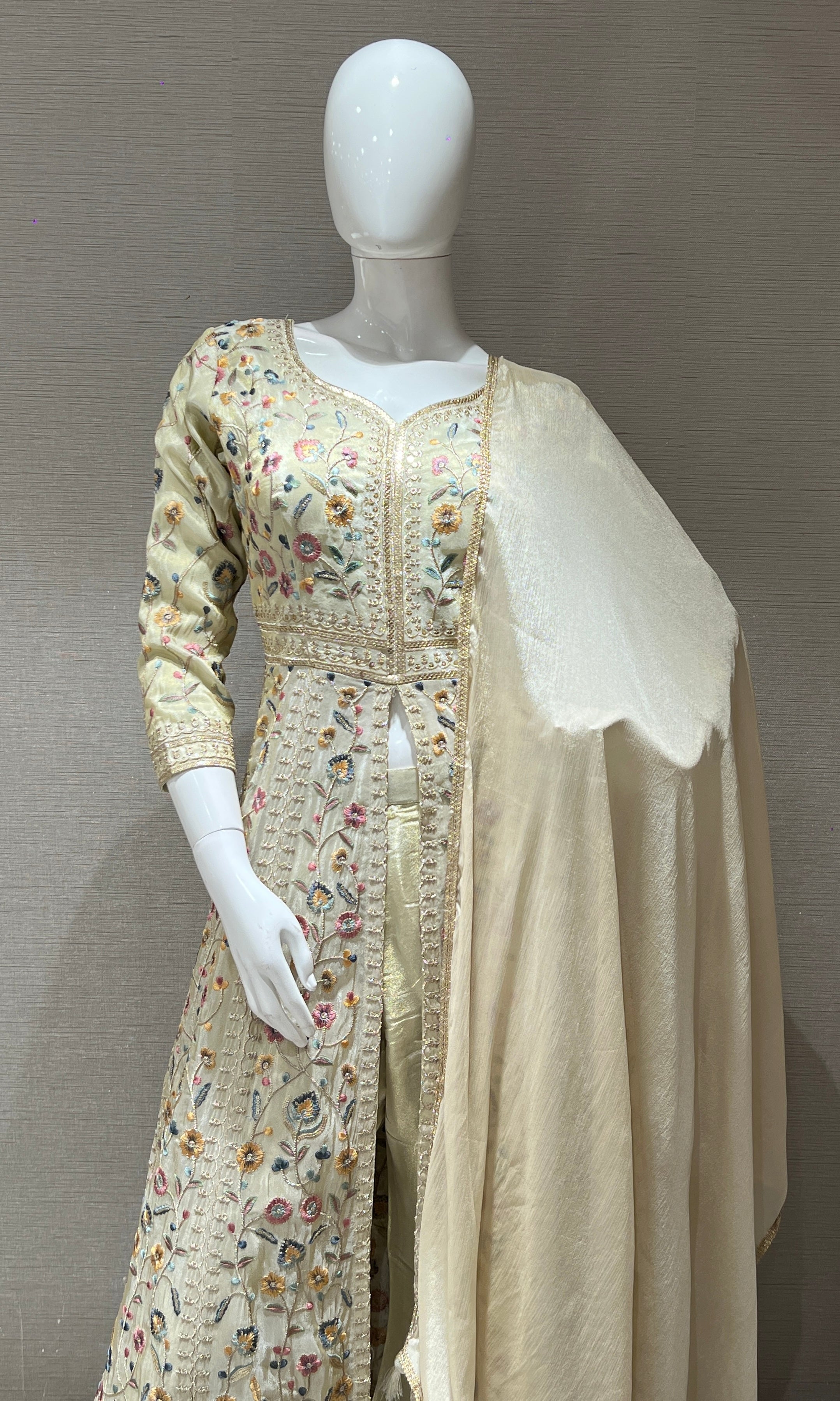 Cream Floral front slit Anarkali set