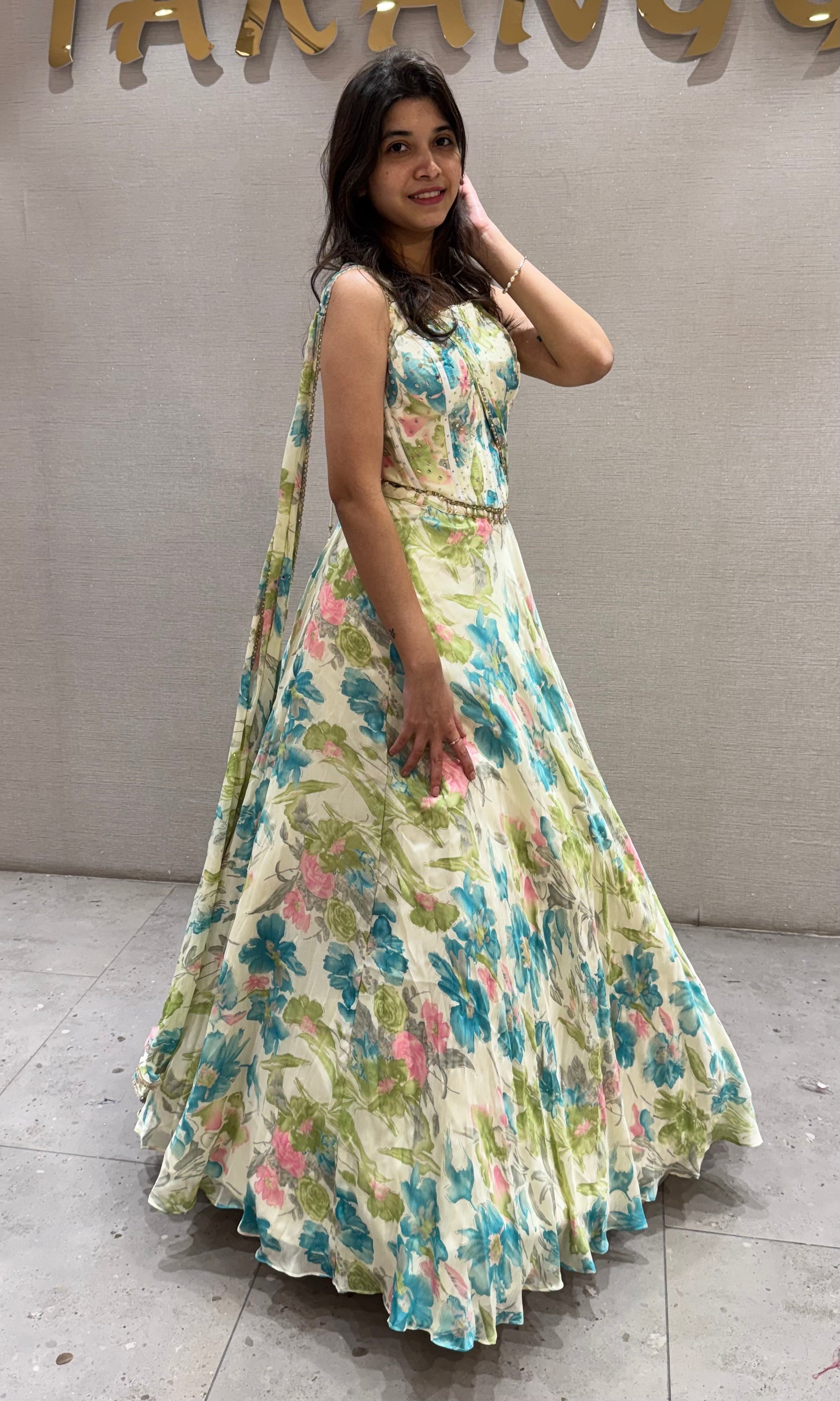 Blue Summer Bloom Floral Lehenga