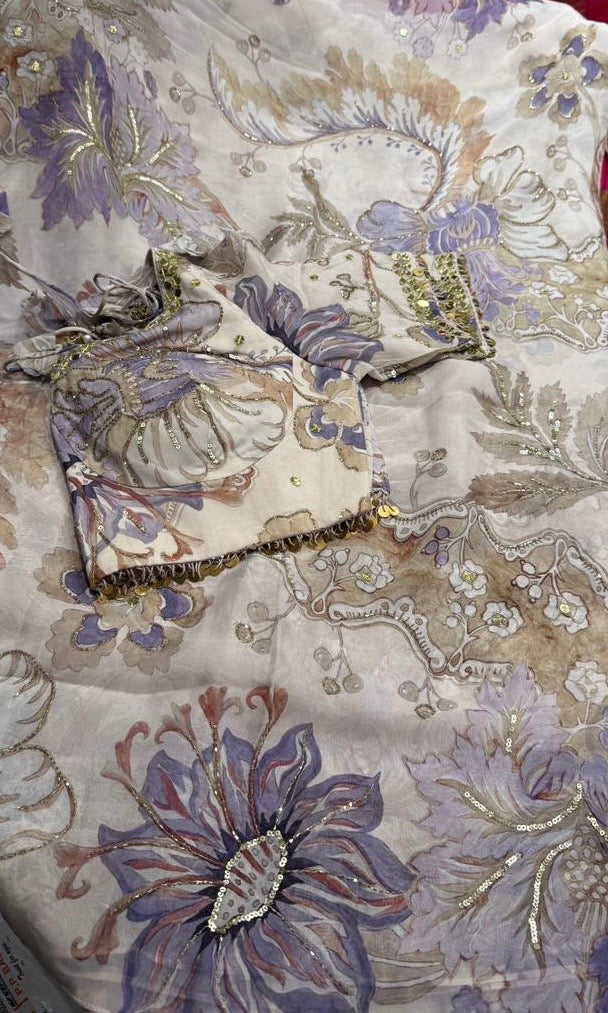 White and lavender floral saree with ready blouse
