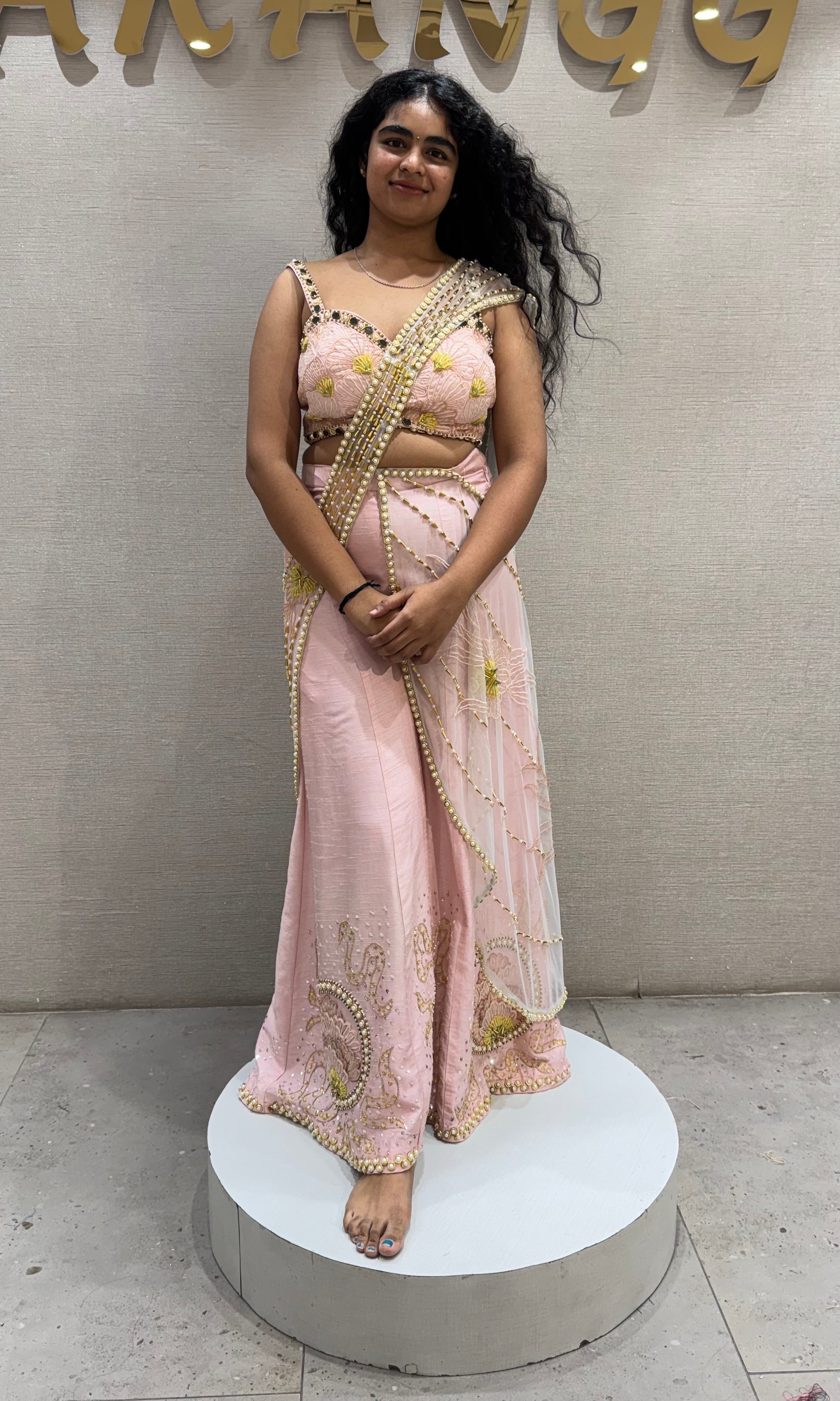 Baby pink palazzo with draped pallu