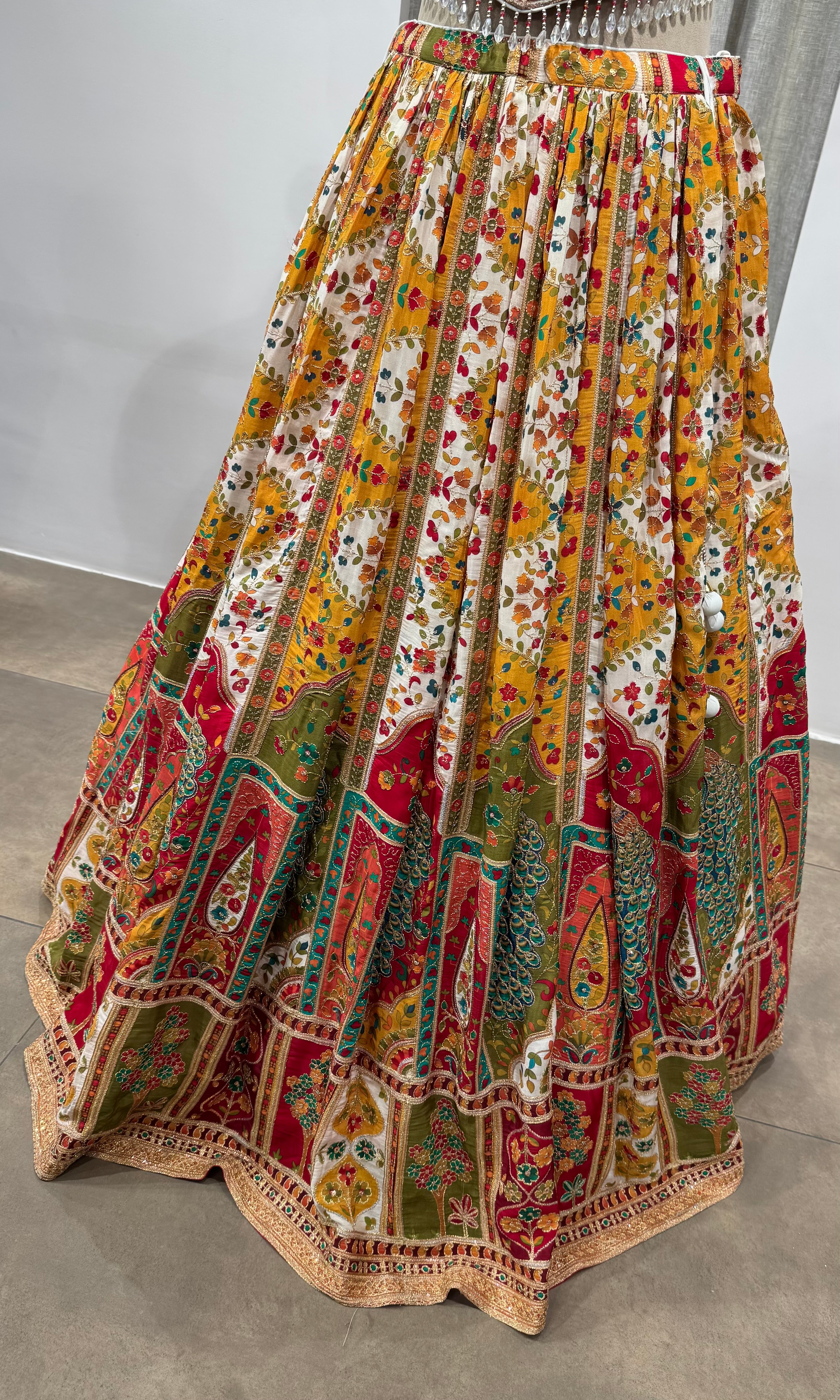 Multicolor Printed halter neck embroidered lehenga