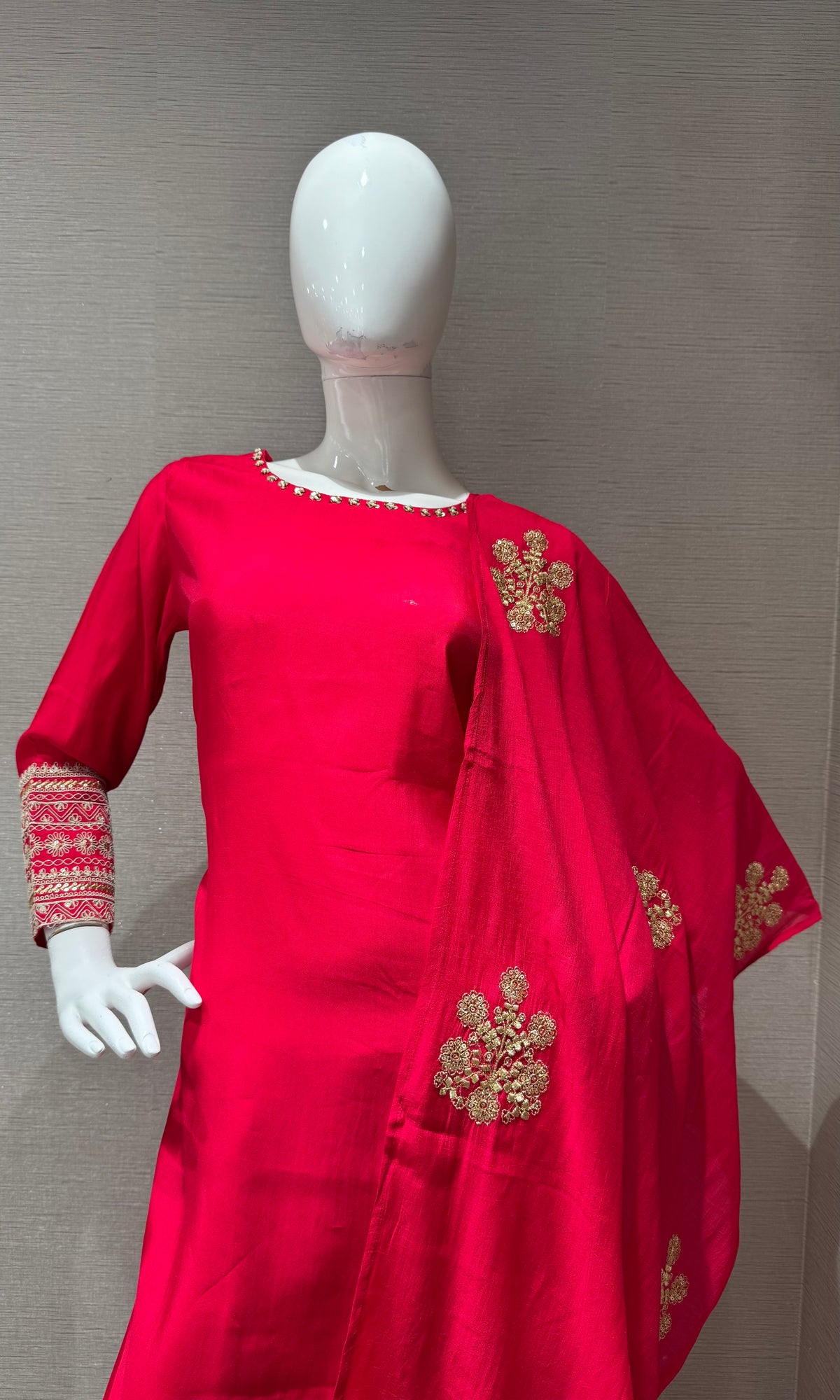 Rani silk Gold Floral Embroidery kurta set with palazzo pants & dupatta