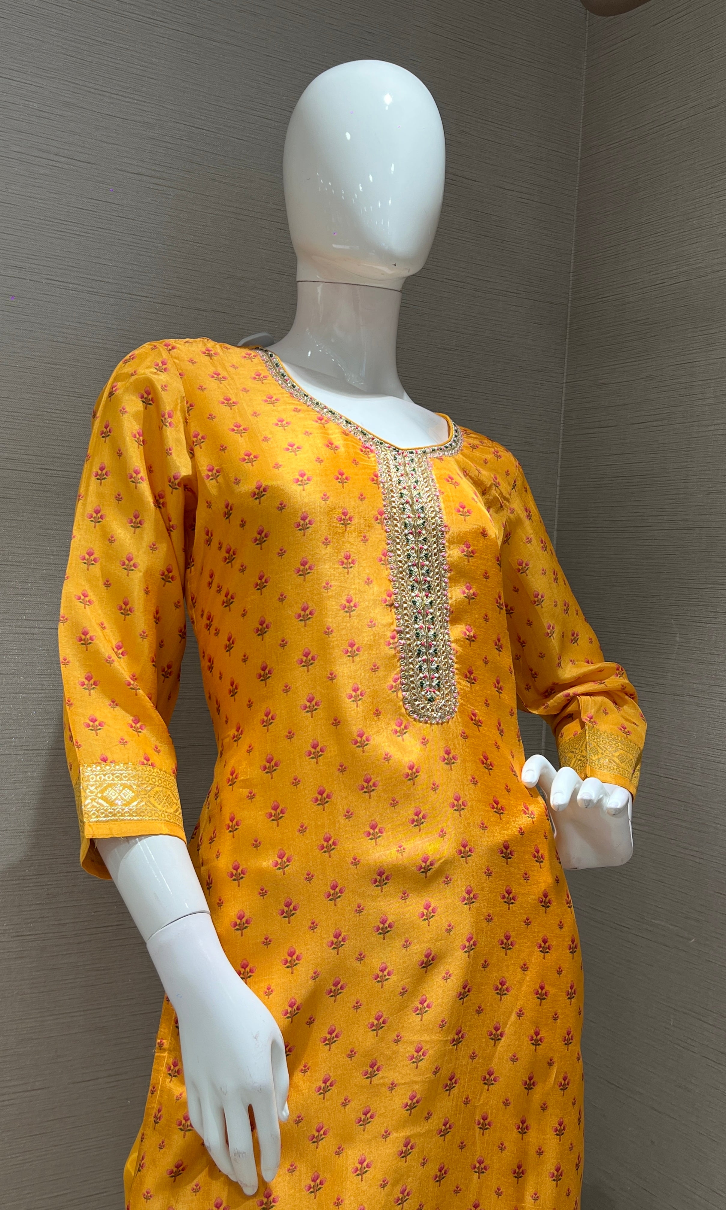 yellow embroidered printed kurta set