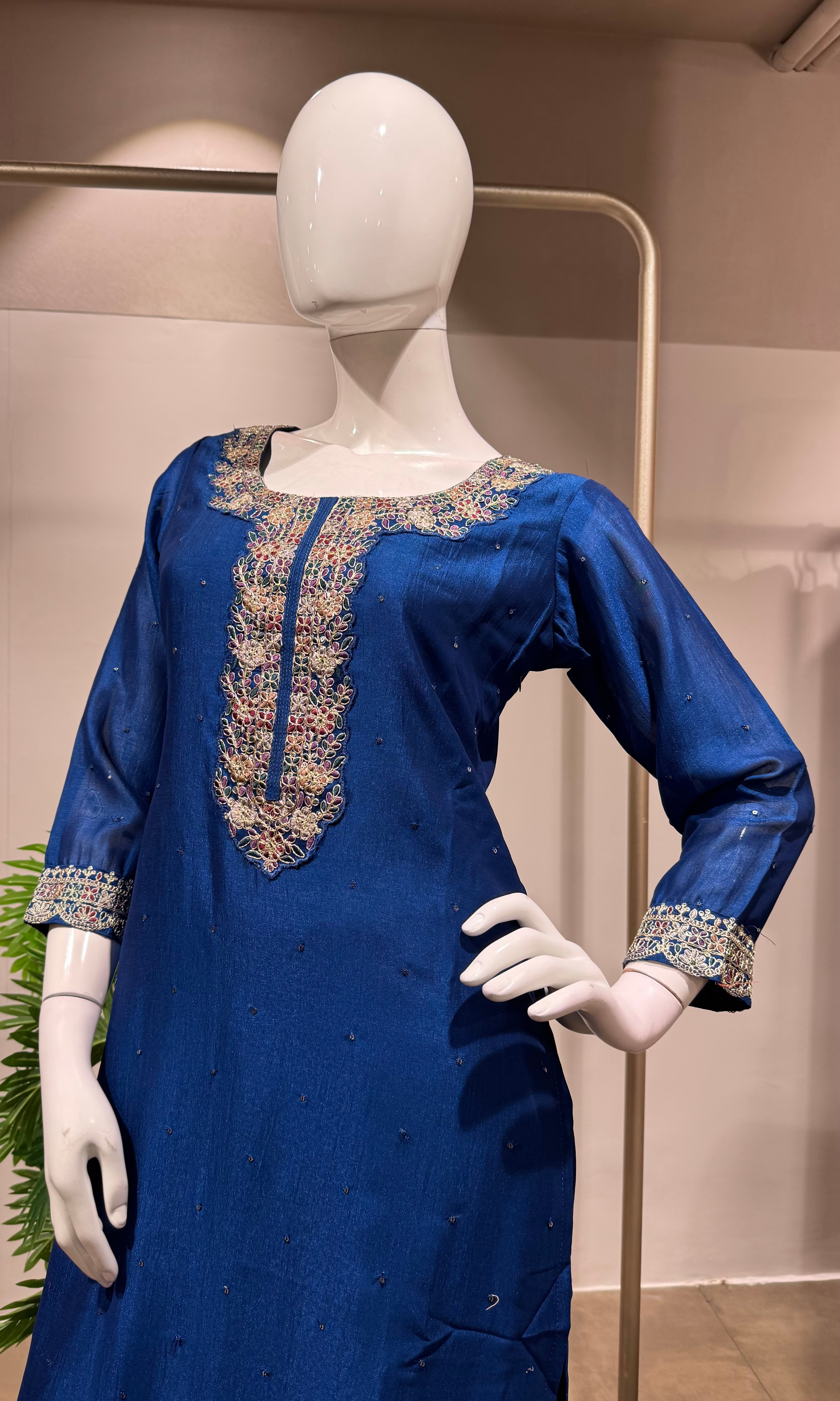 NAVY Blue Silk Kurta Set with Intricate Zari