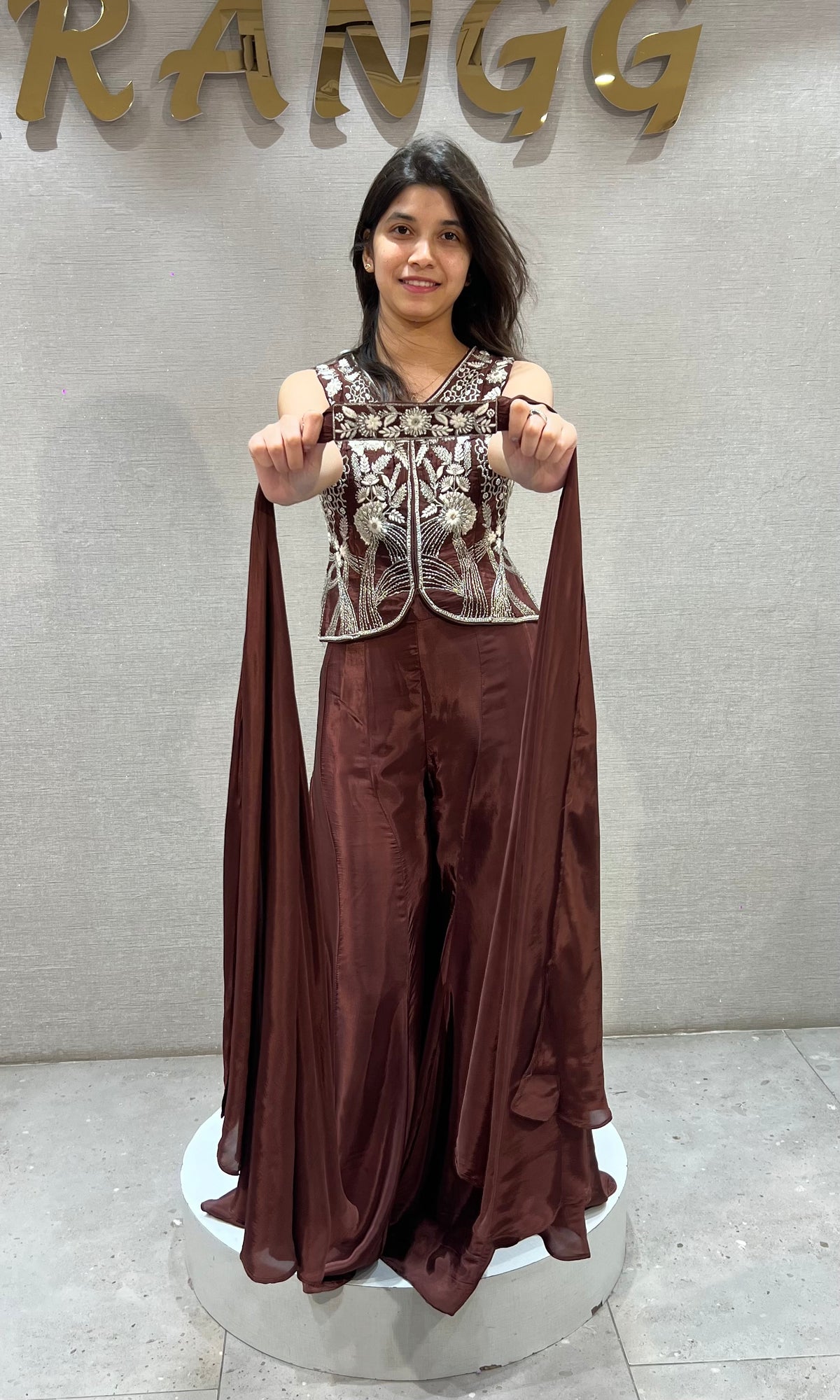 Brown Silk golden floral embroidered peplum palazzo set