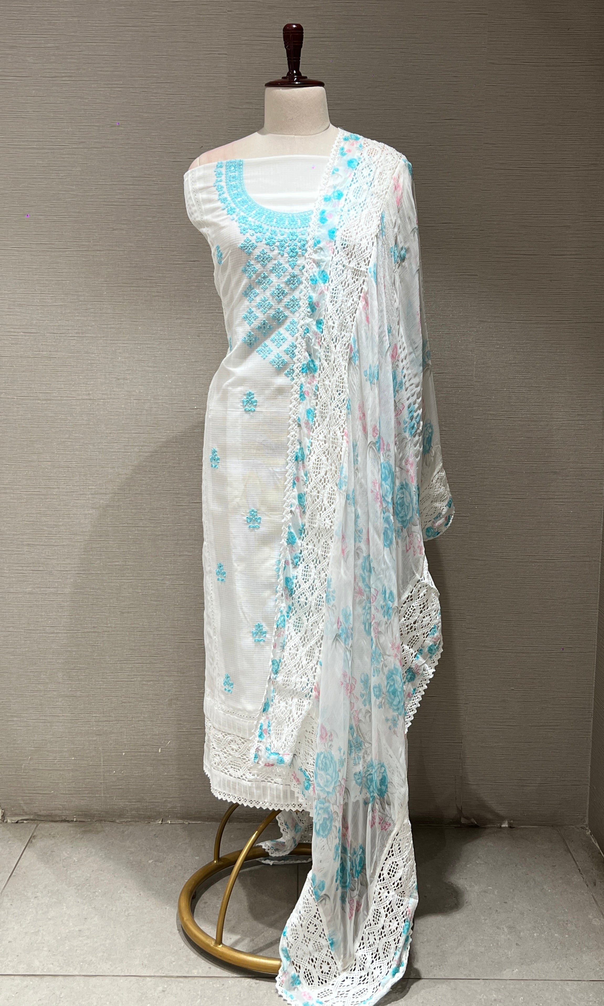 WHITE AND Blue FLORAL dress material