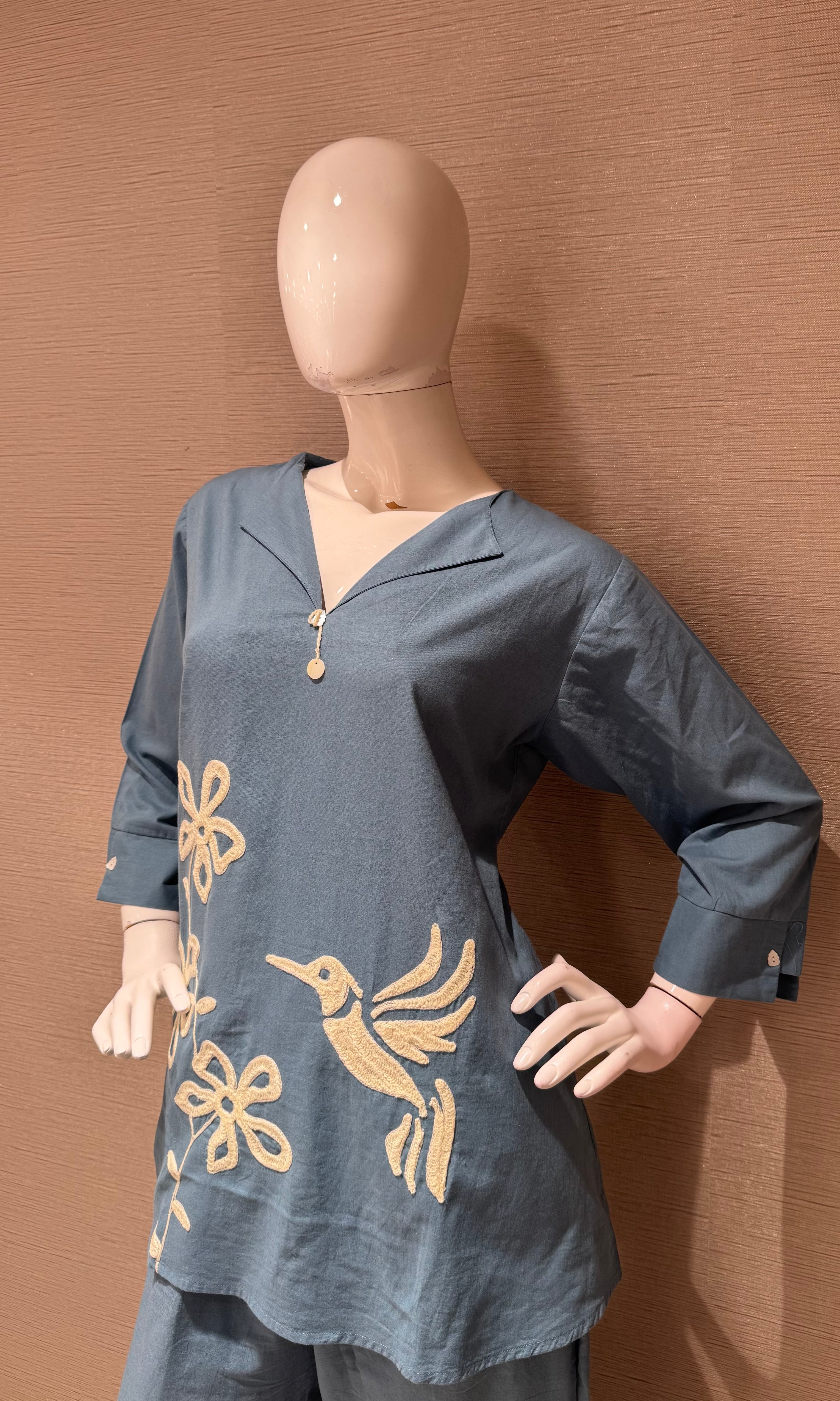 Blue Floral With Bird Embroidered Cord Set