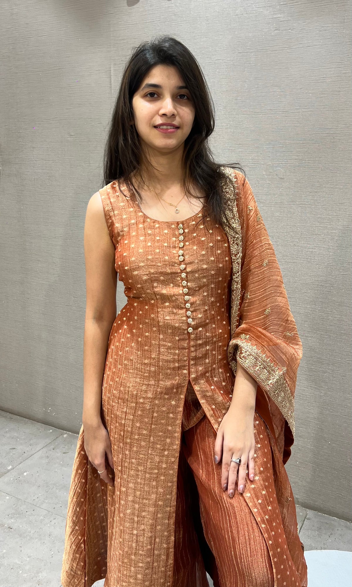 Rust Orange Embroidered Anarkali Set with Sheer Dupatta