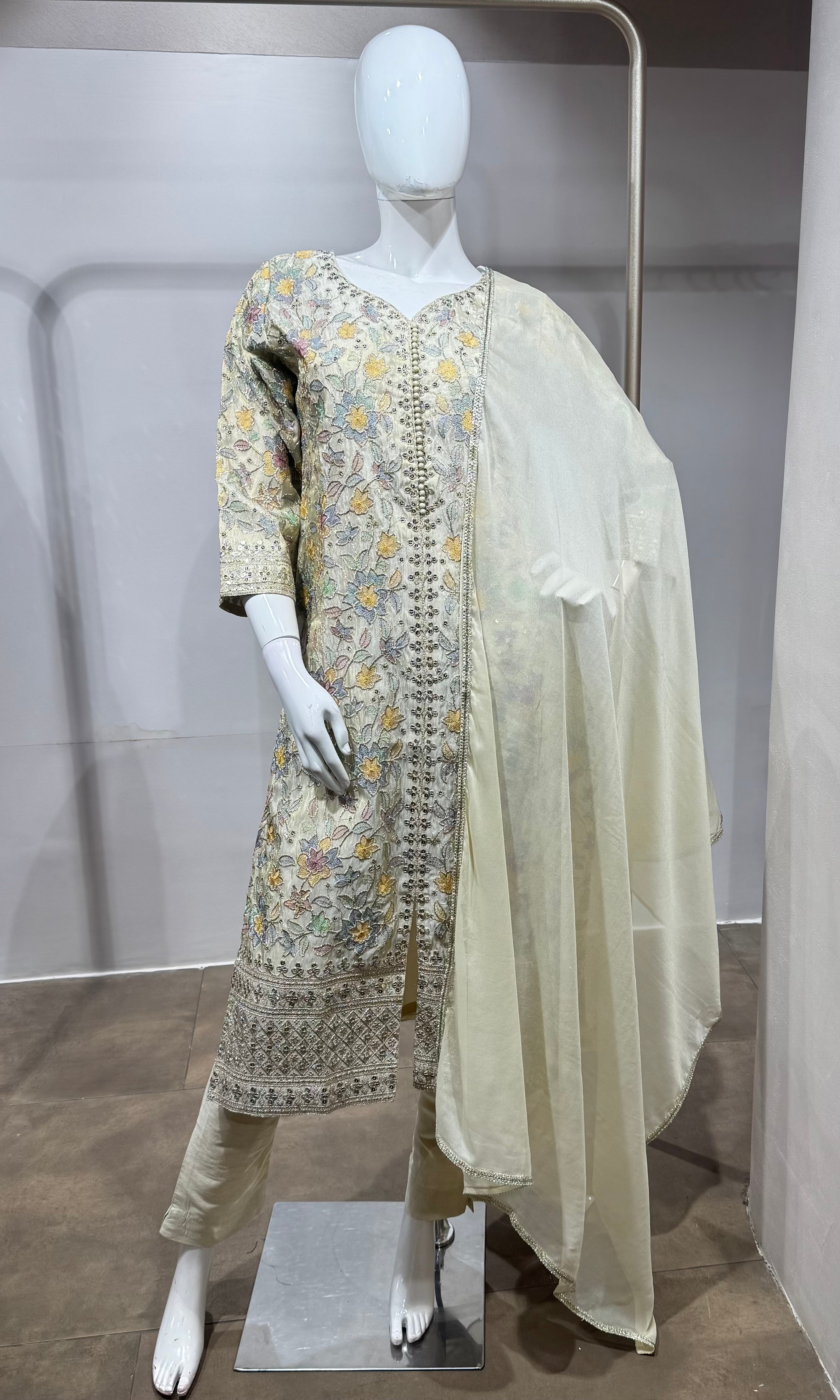 Cream Embroidered Kurta Set with Dupatta