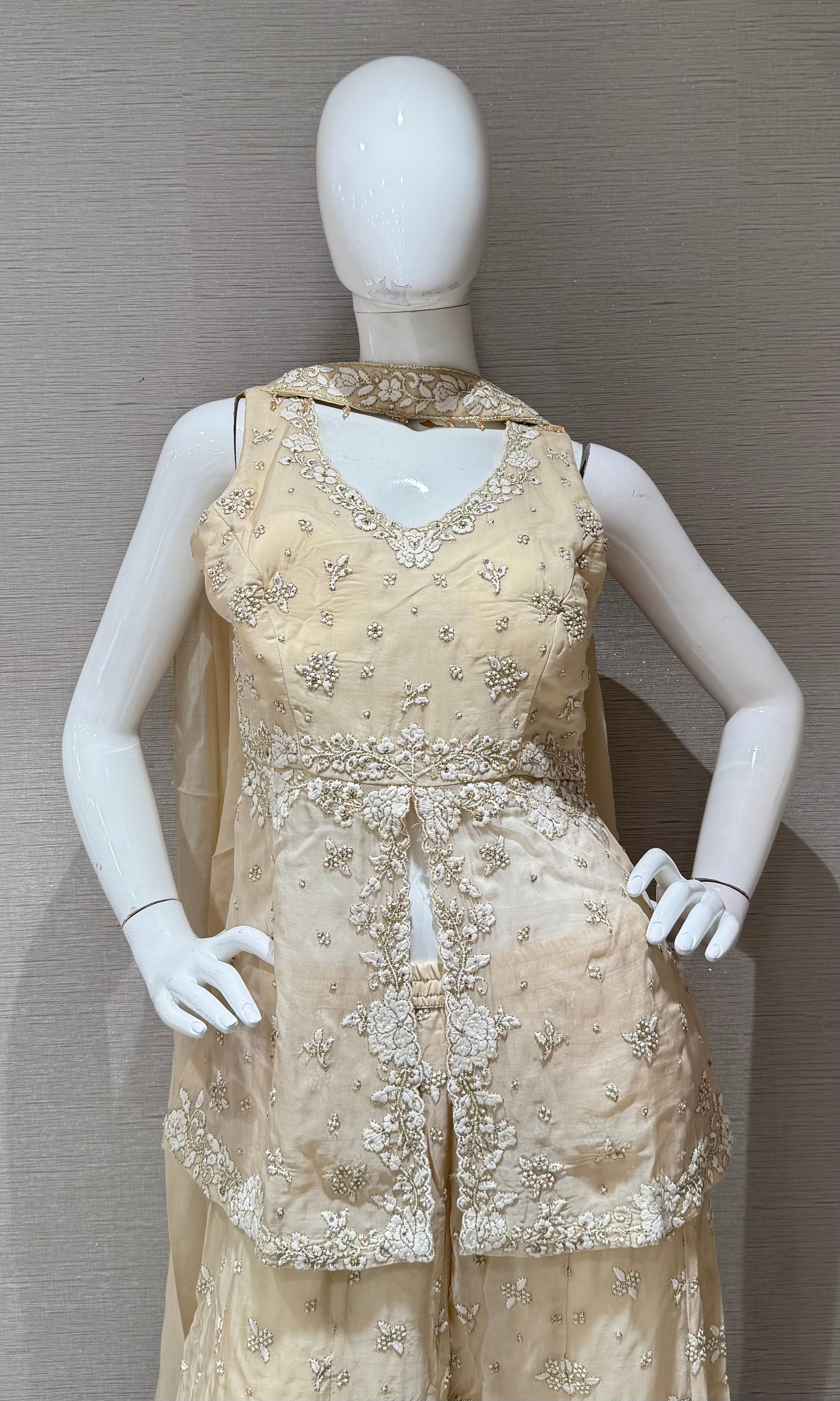 Cream Embellished Palazzo Set with Dupatta