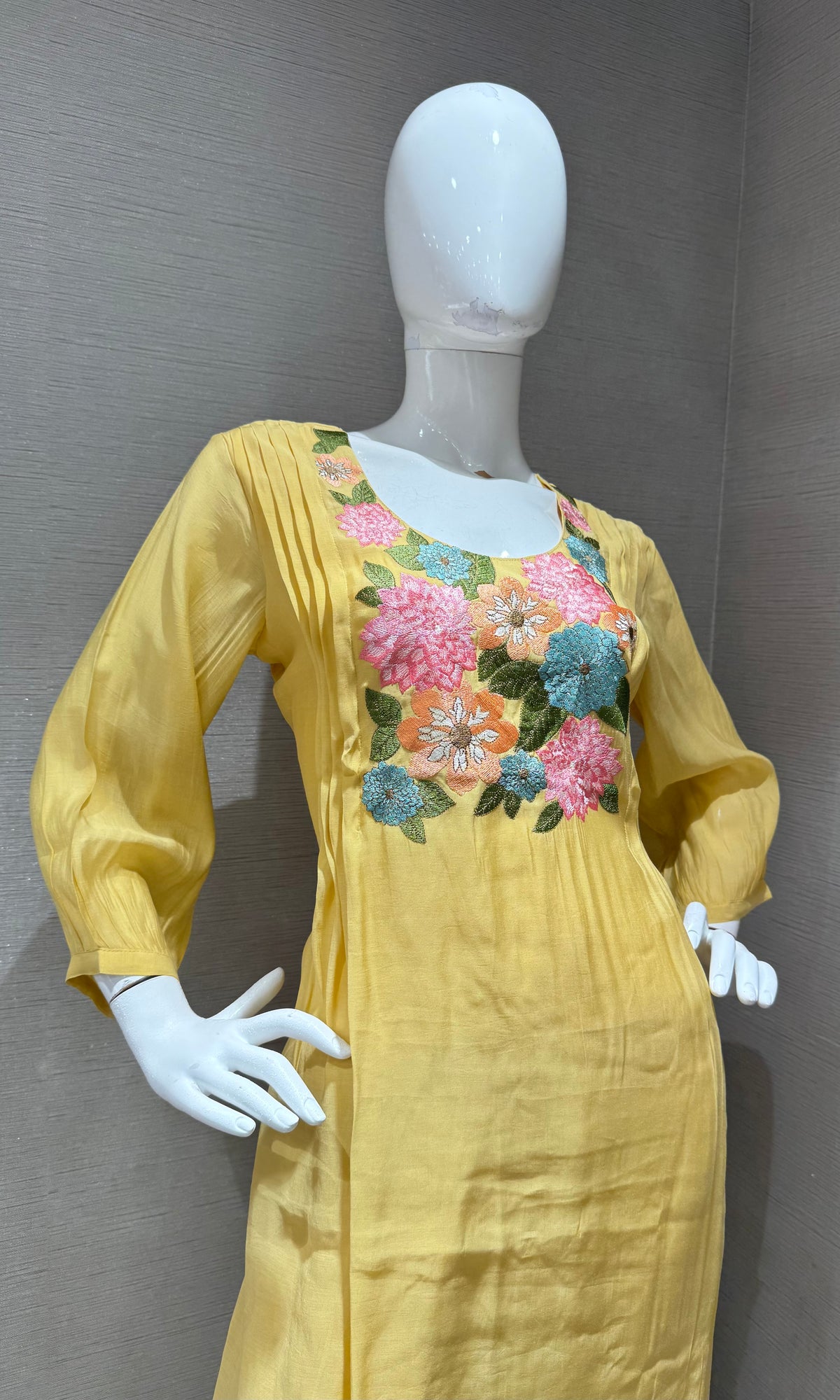 Yellow Floral Embroidered Mul Chanderi A Line Set with dupatta