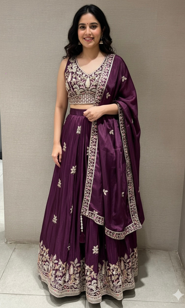 Royal Wine Floral Embroidered Lehenga