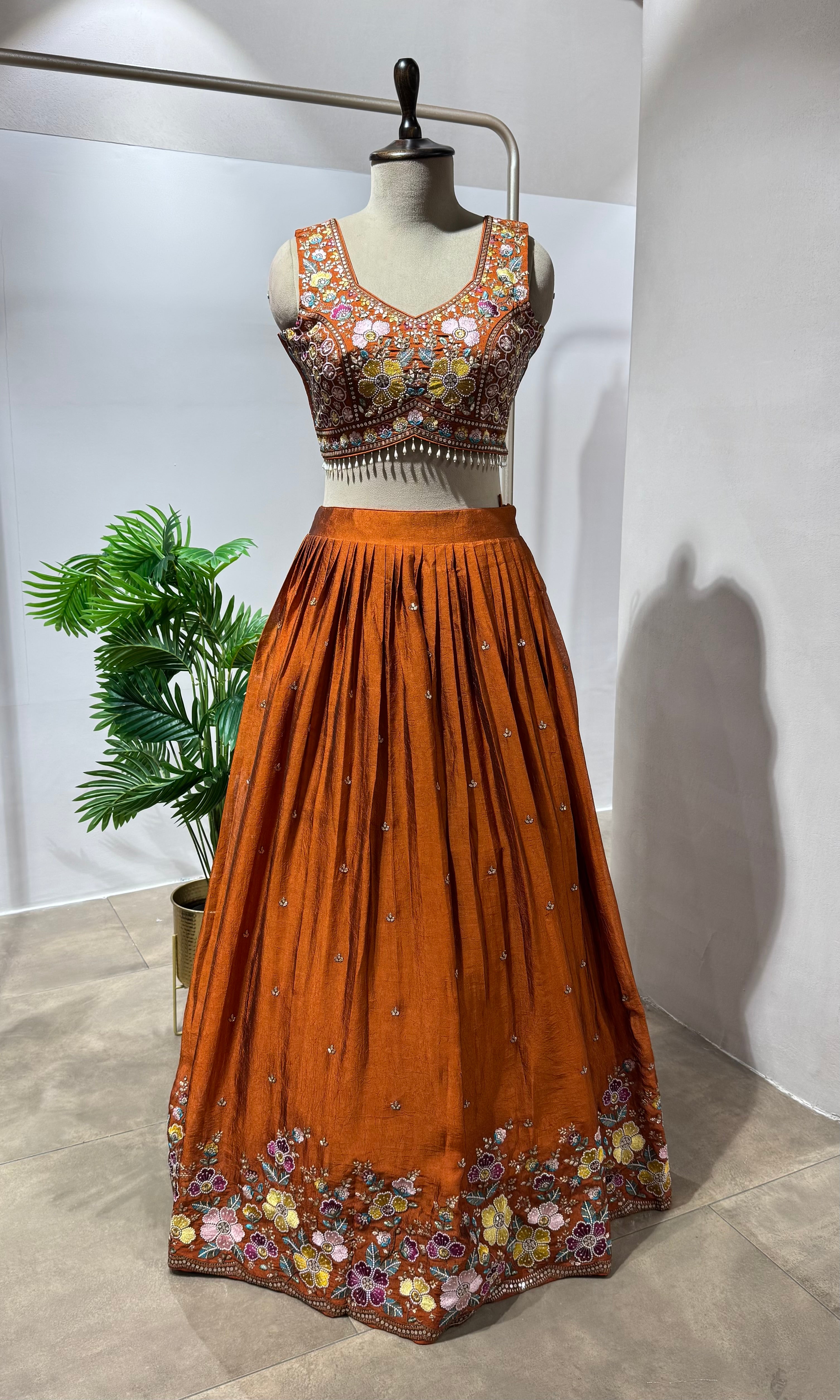 Rust FLORAL EMBROIDERED LEHENGA SET