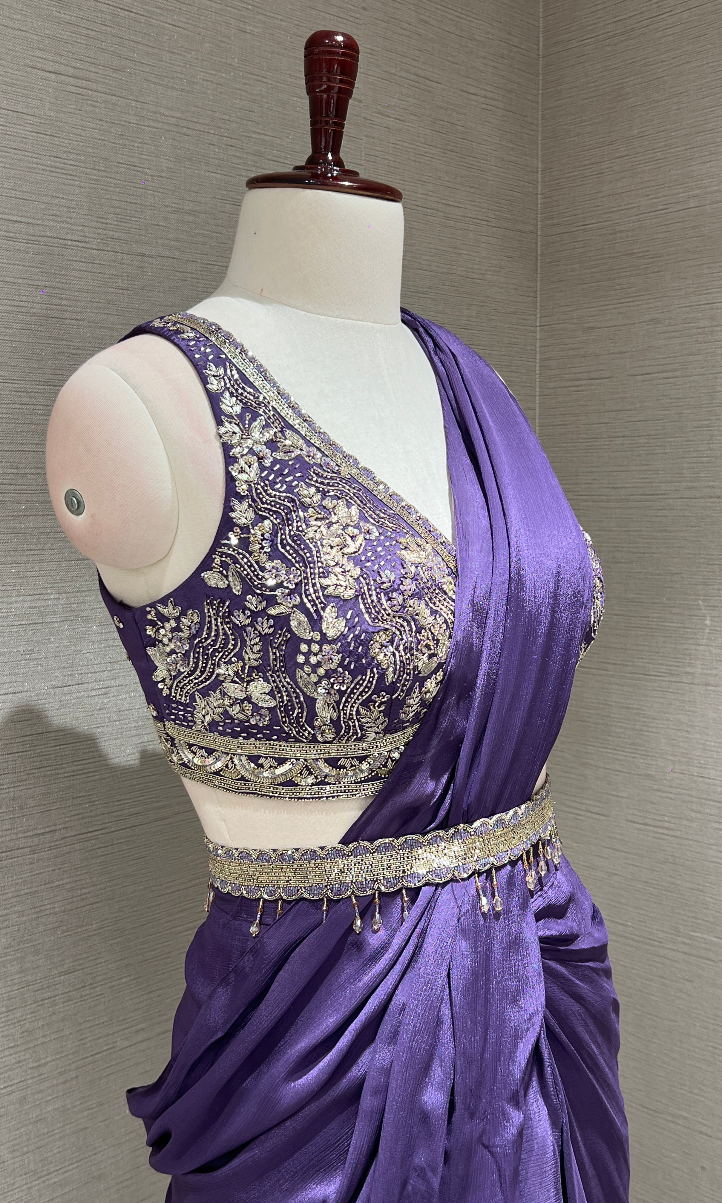 Purple drape saree with ruffles