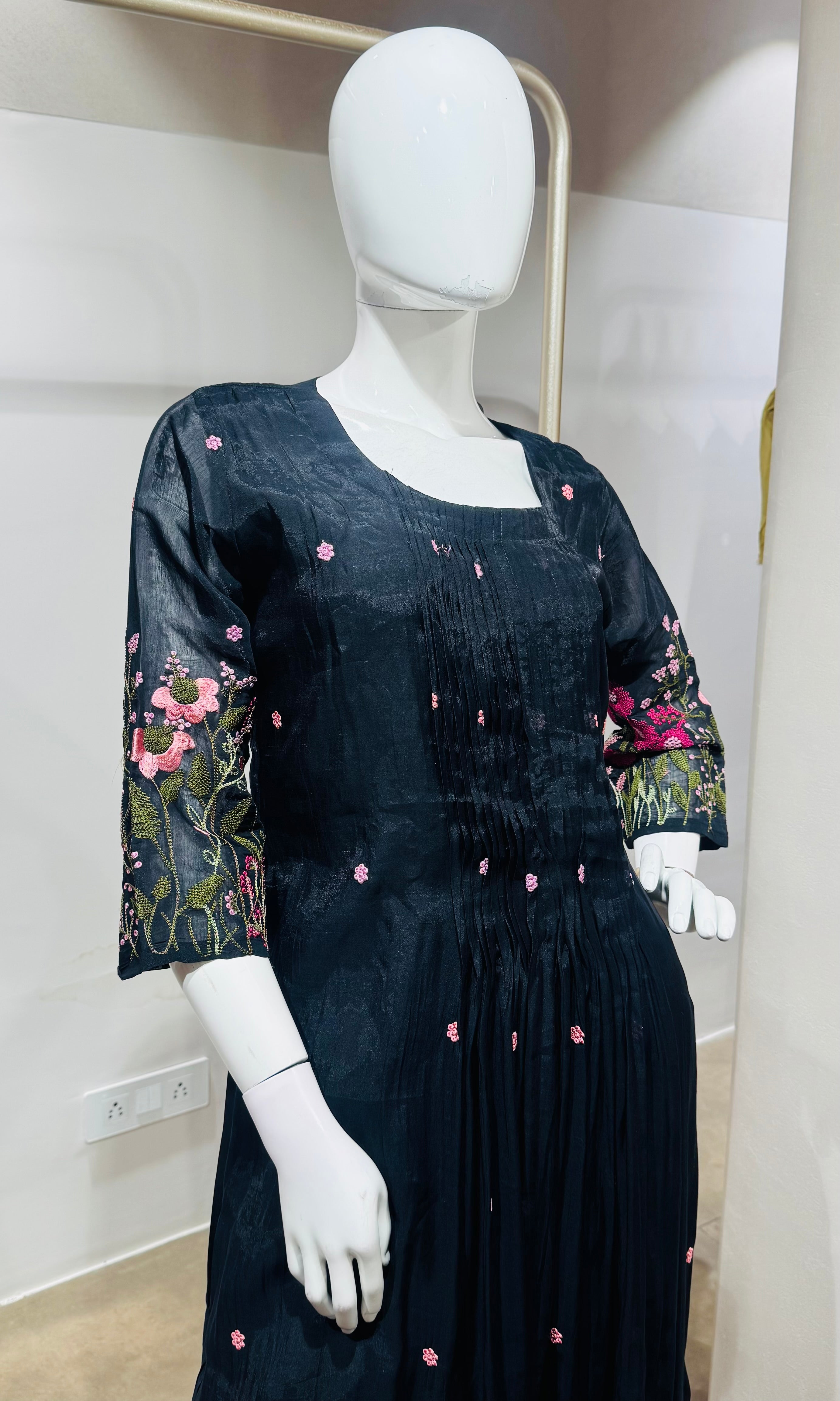 Black Flared Kurta set with Embroidered Dupatta