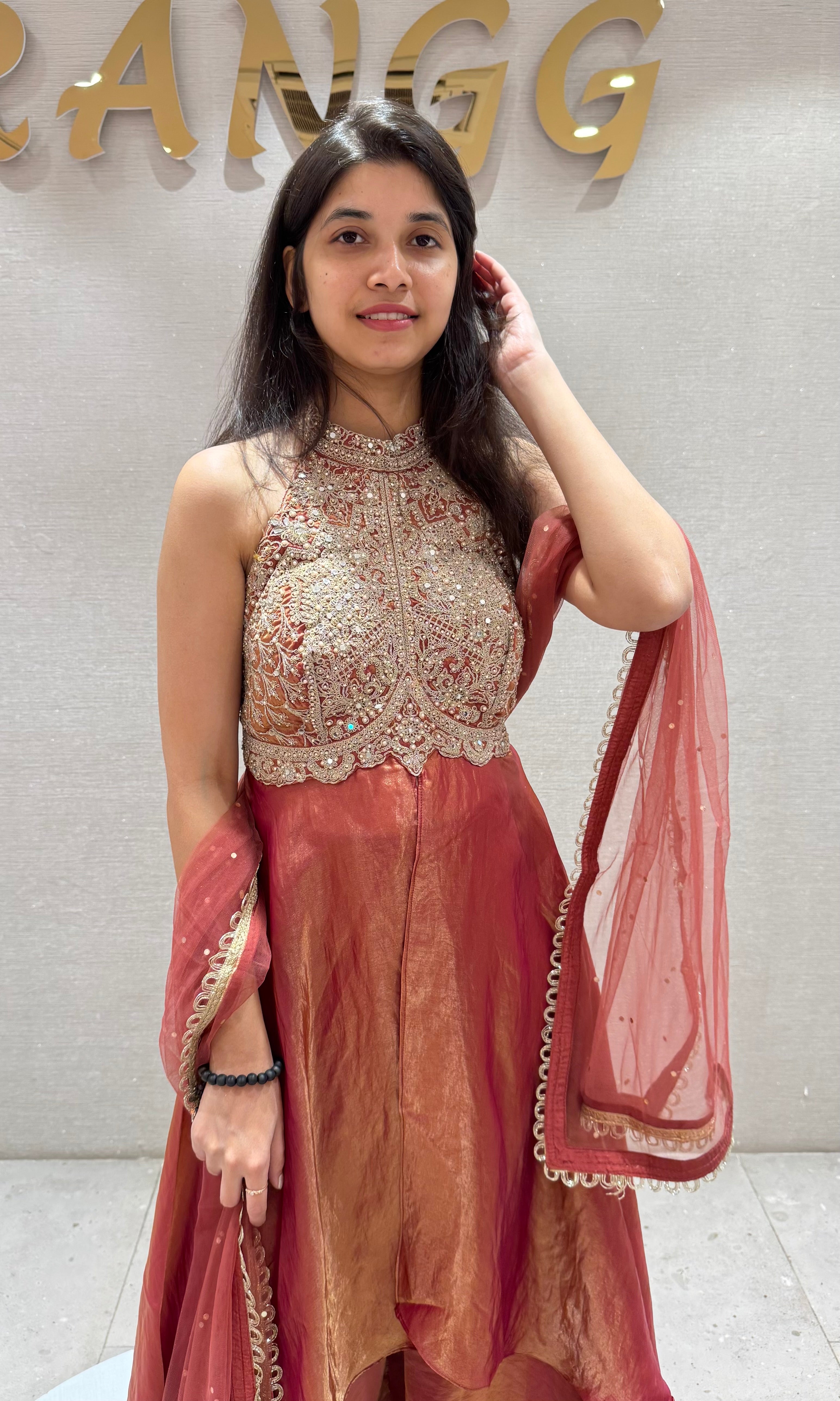 Rust ORANGE HALTER NECK A LINE CUT PALAZZO SET