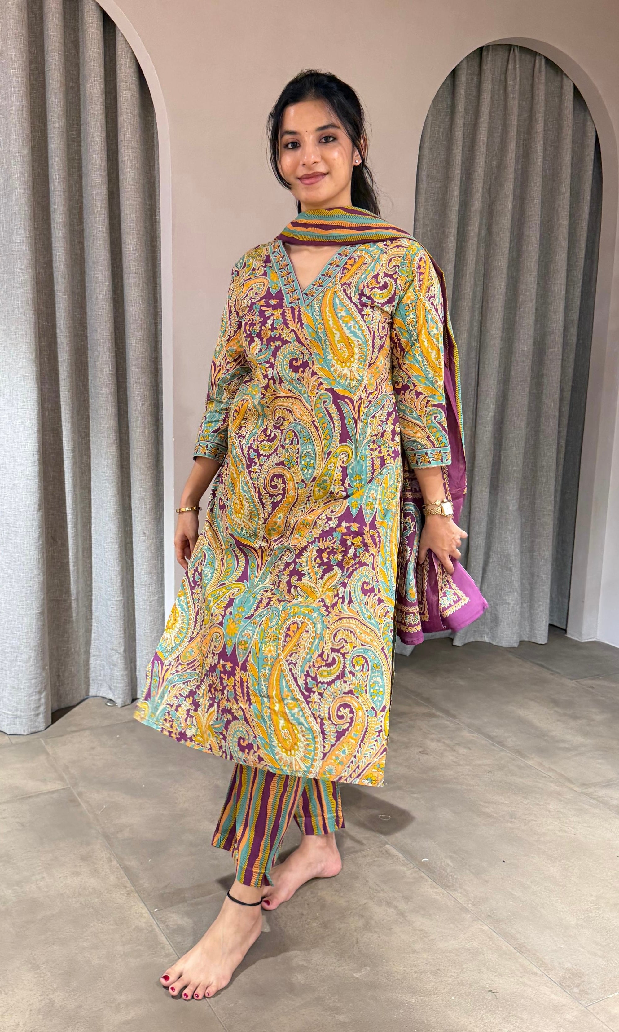 Violet paisley style cotton kurta set