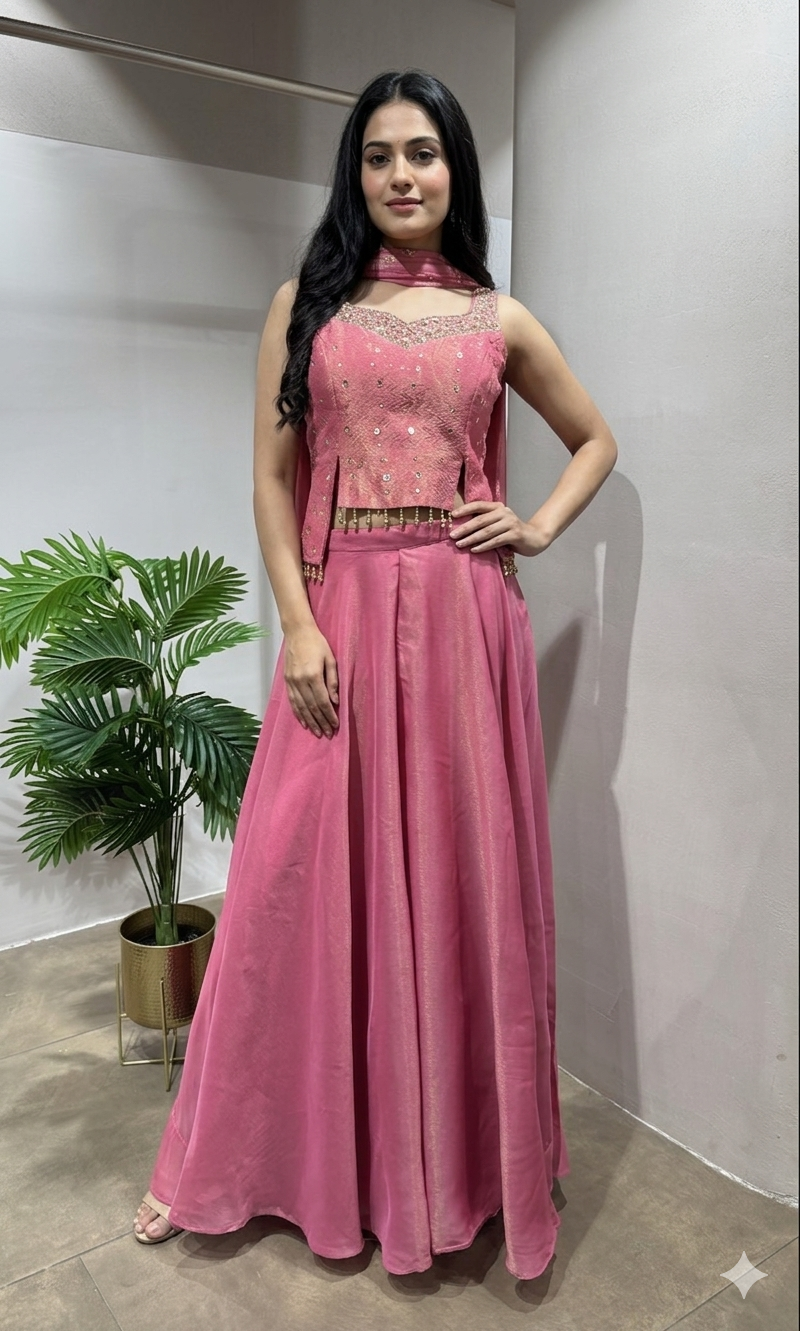 Pink Embellished Crop Top & Palazzo Set