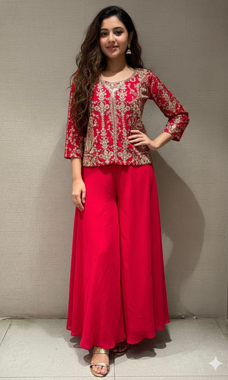 RANI PINK embroidered short BLOUSE SHARARA SET