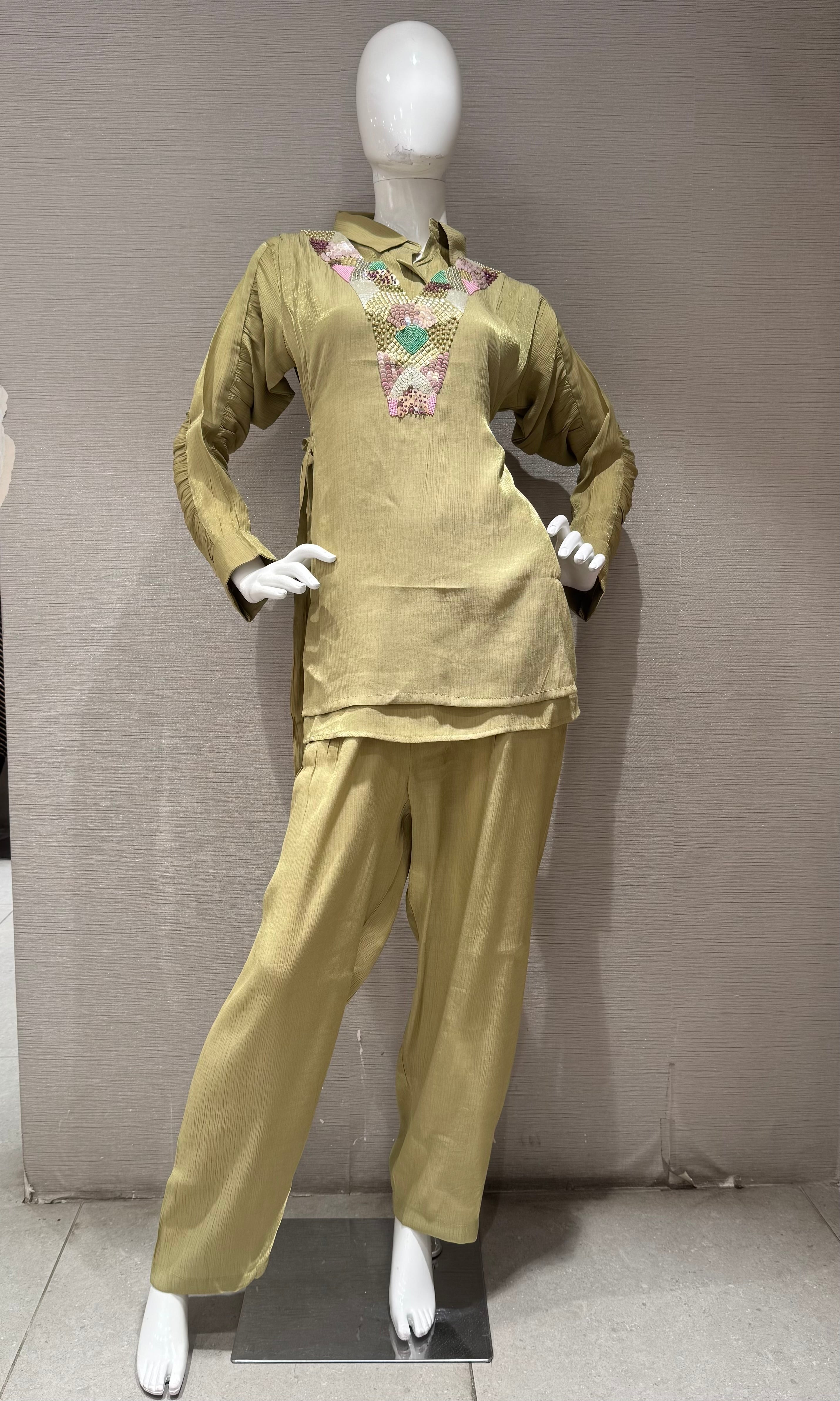 Olive Green Collared Tunic Cord set
