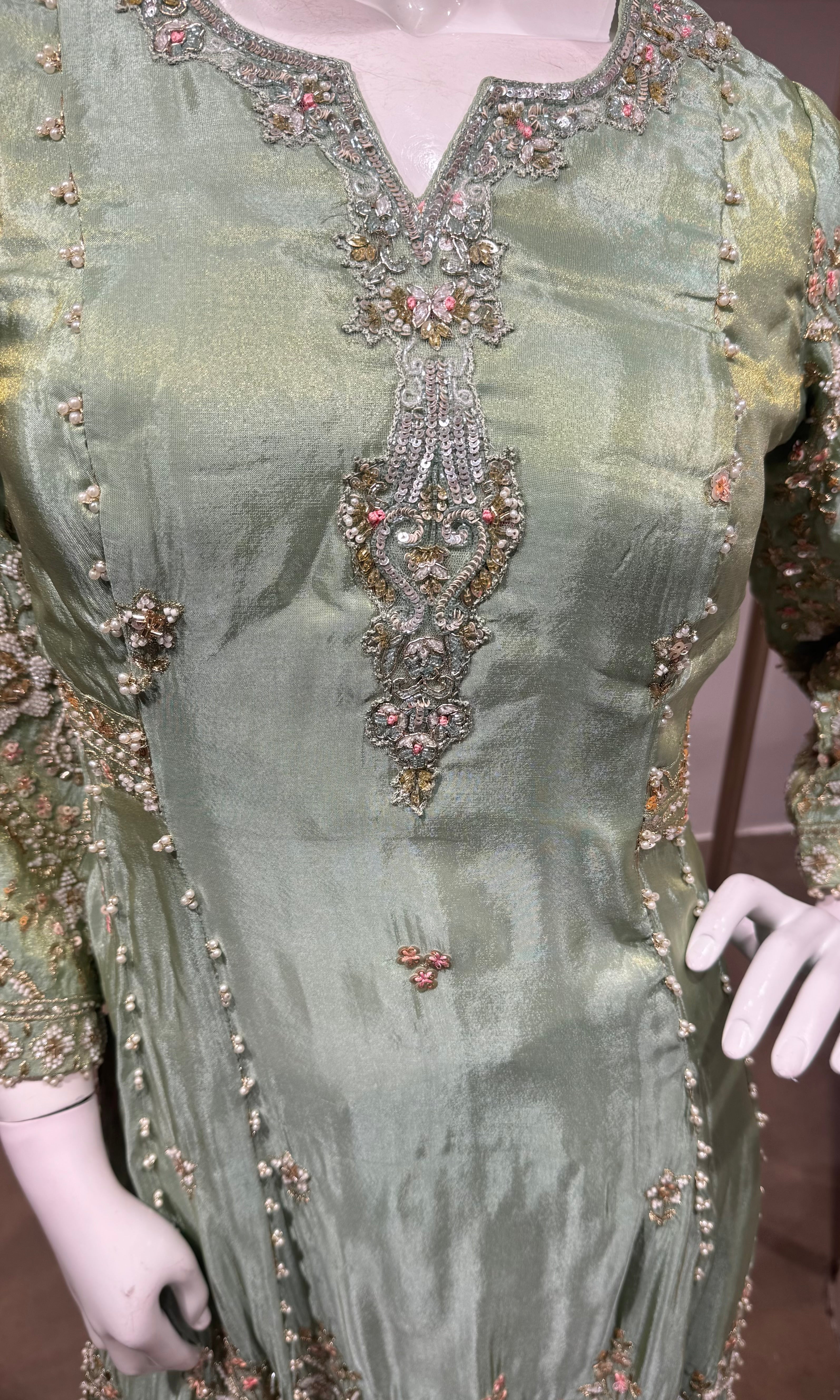 Pista green Embroidered Silk Nyra cut palazzo set