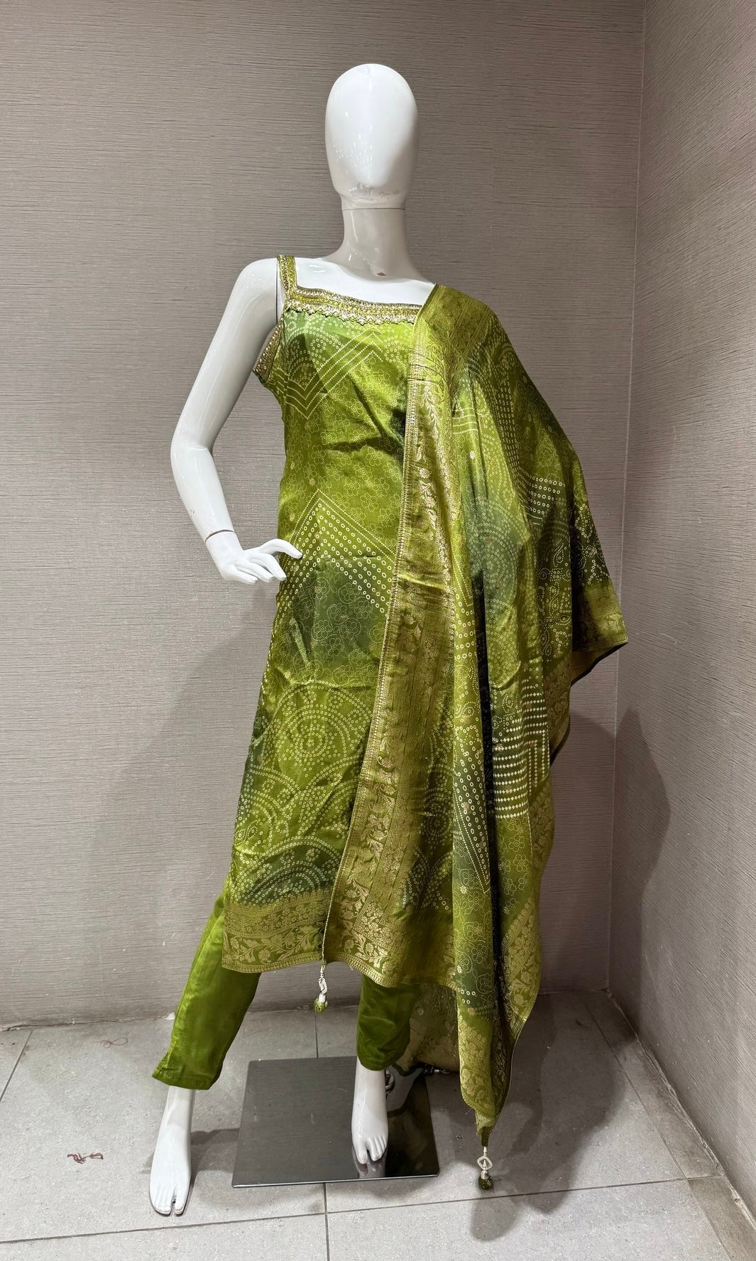 Olive Green Banarasi Silk kurta set with dupatta