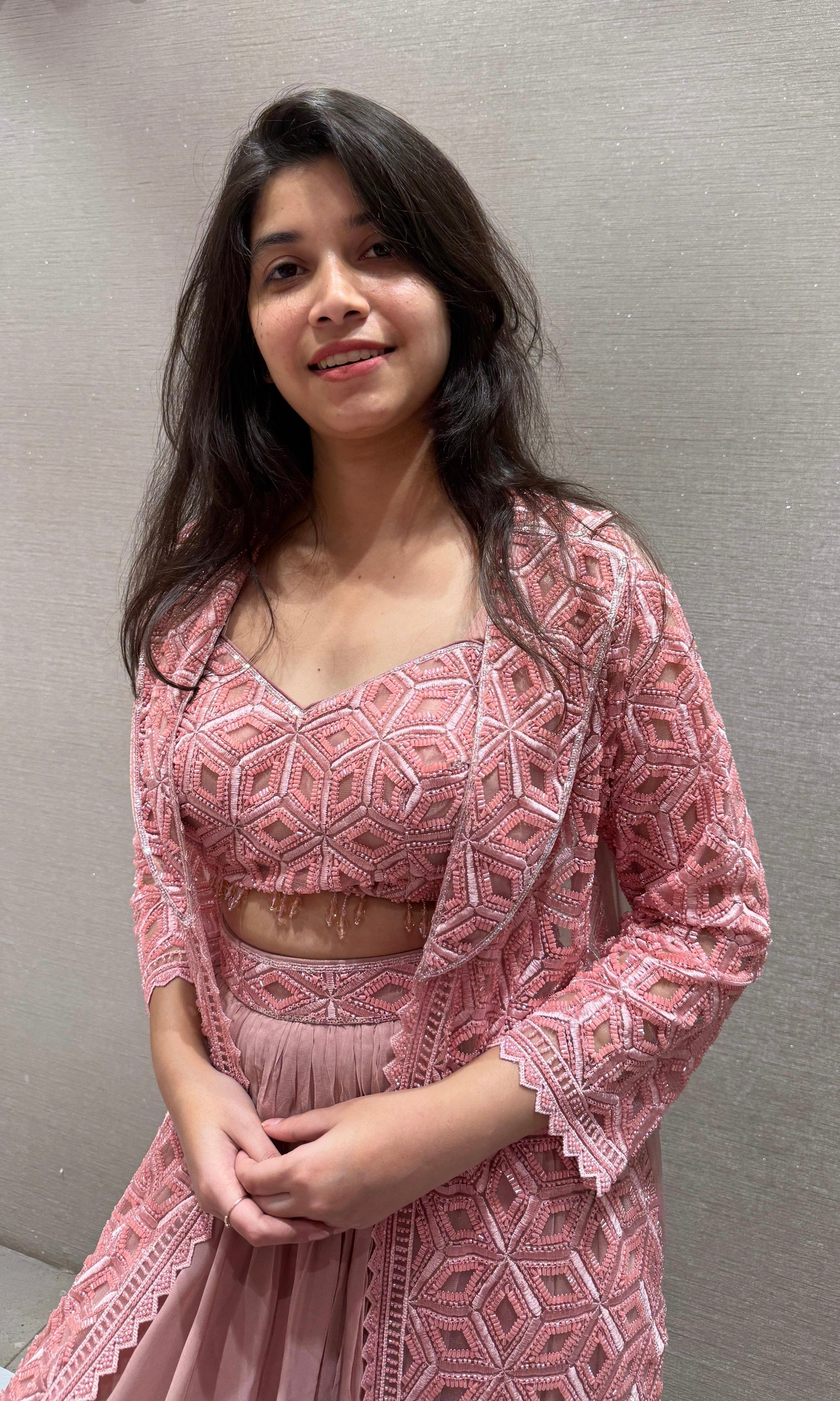 Blush Pink Garden lehenga with Long Jacket