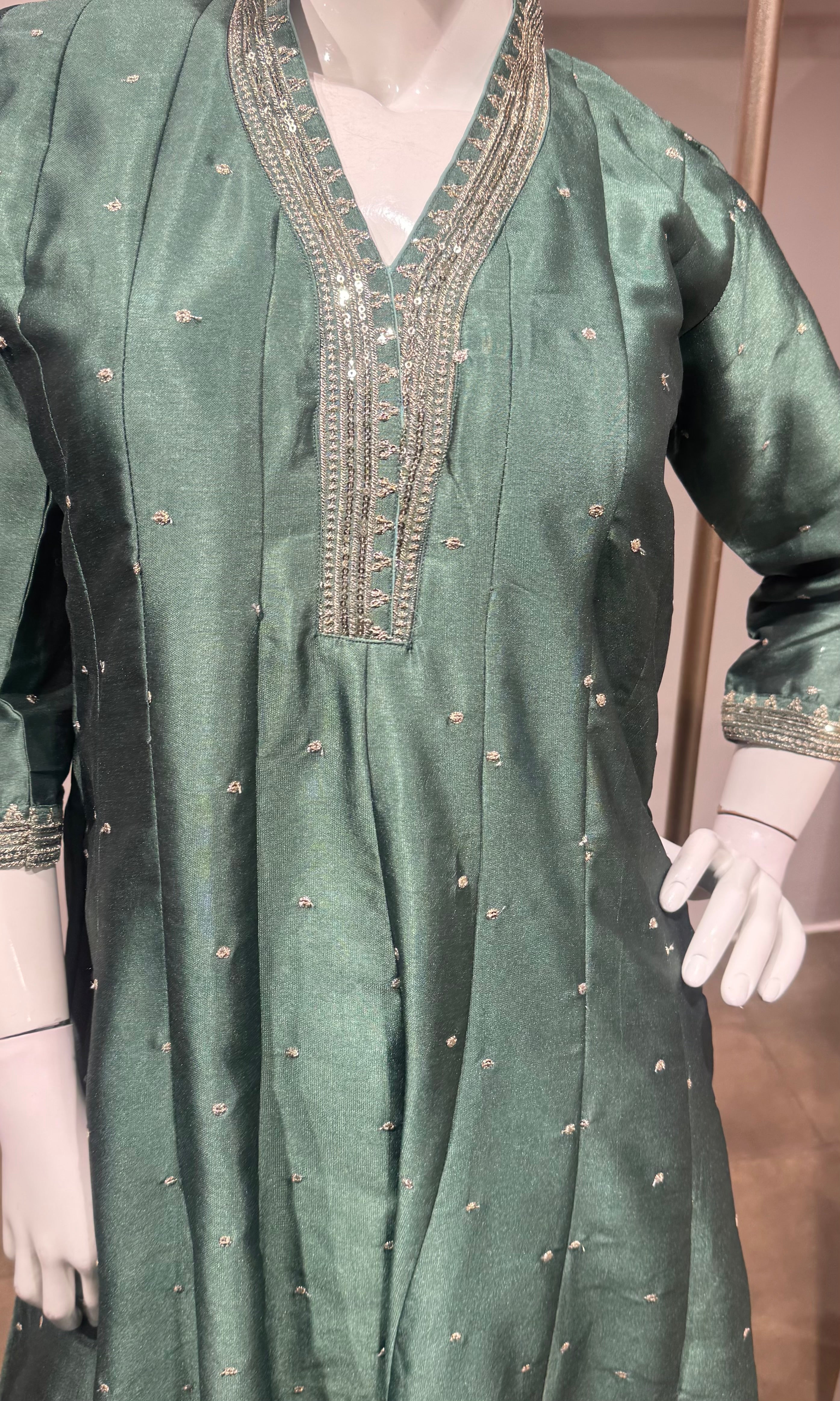 Green gold Embroidered Silk Anarkali set