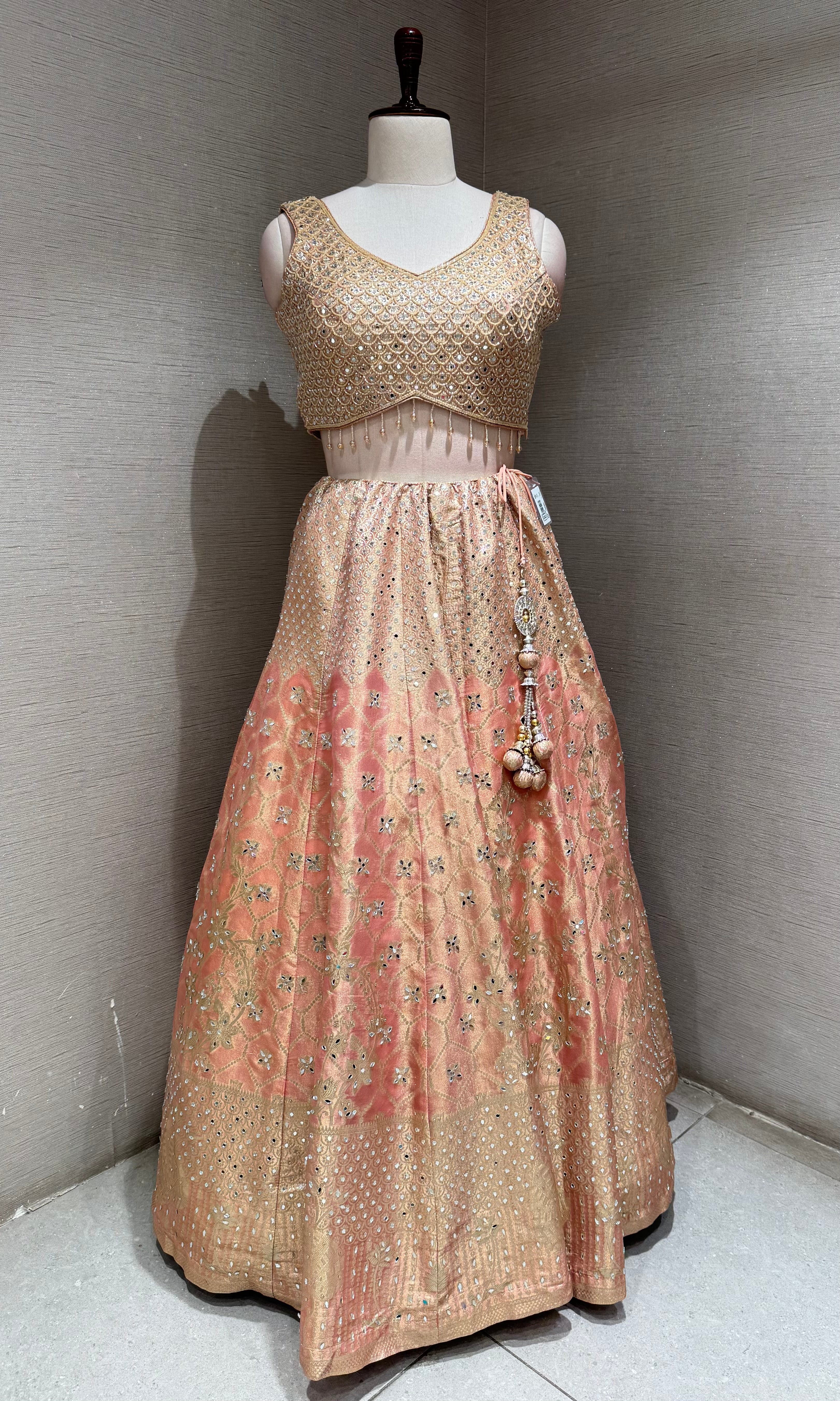 Peach and Gold Embroidered Lehenga Choli Set with Dupatta