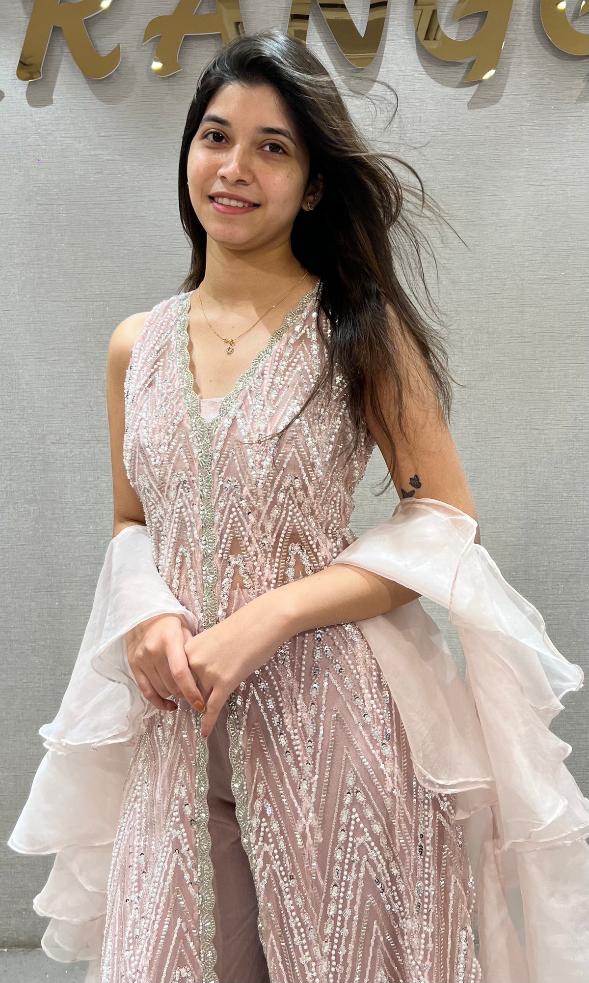 Rose Gold Sequined Peplum Palazzo Set with Organza Frill Dupatta
