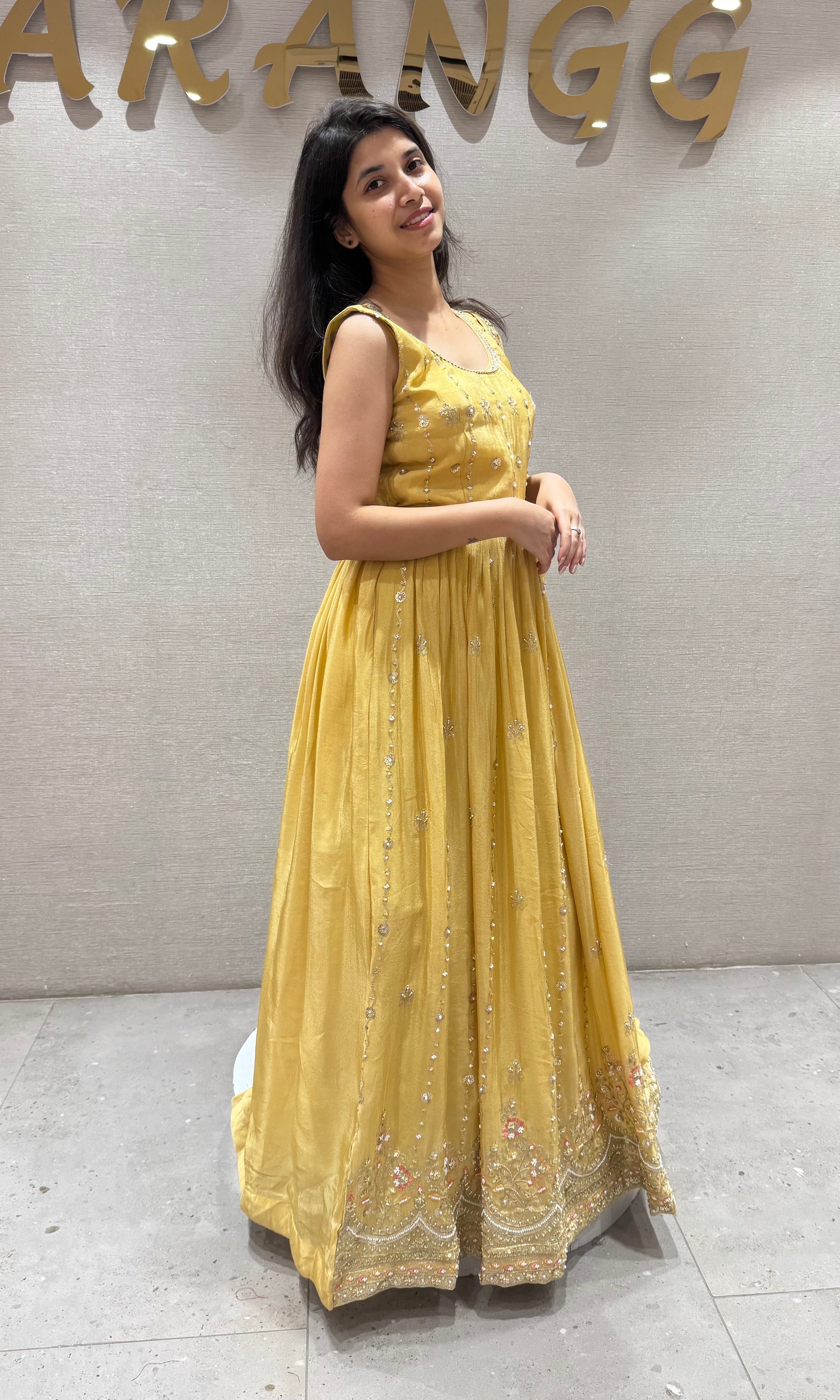 Light yellow golden embroidery anarkali