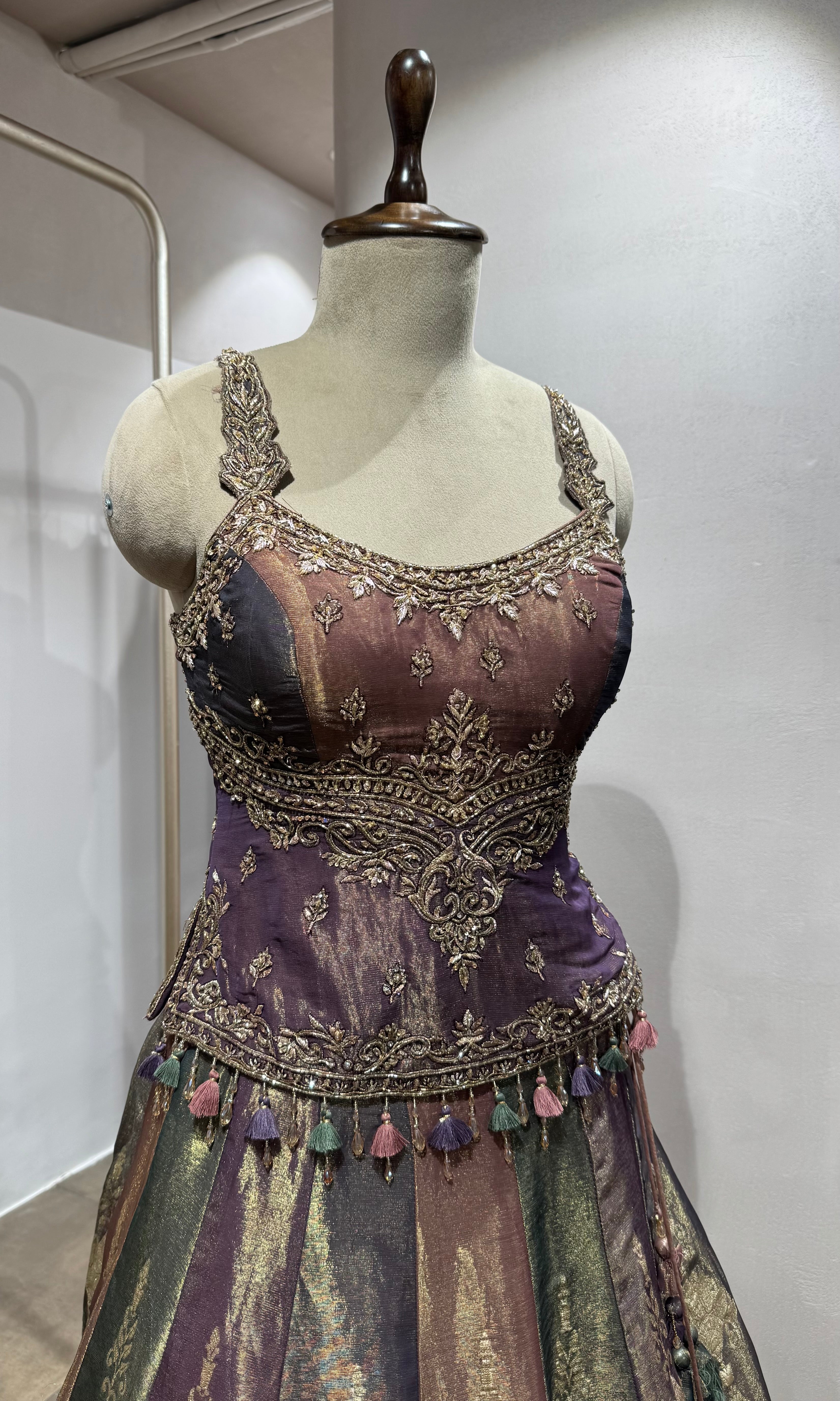 purple and gold embroidered lehenga